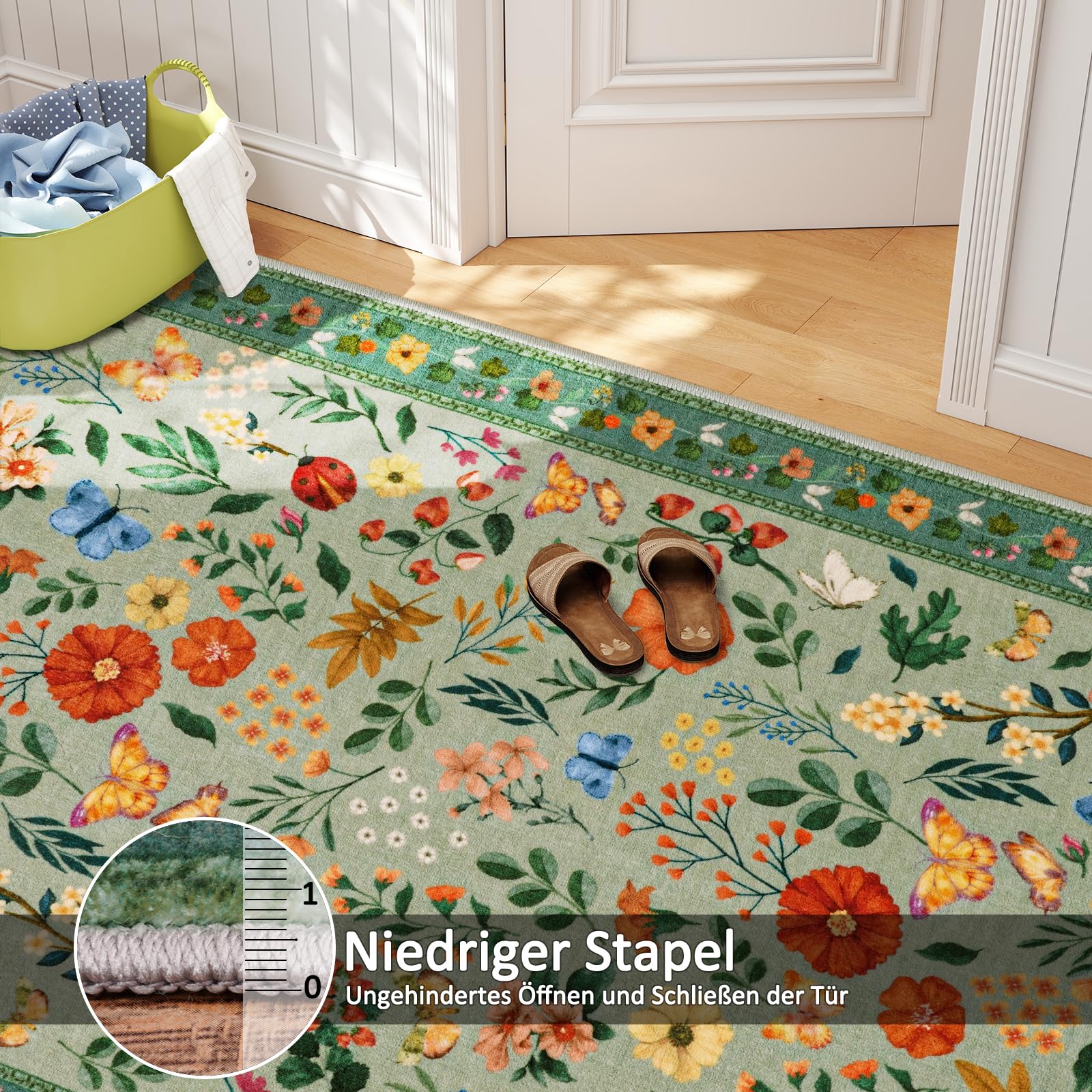 MAST DOO Teppich Wohnzimmer Waschbarer 140x200cm, Boho Blumen Kurzflor Wohnzimmerteppich Groß Teppich für Esszimmer Schlafzimmer Büro, Waschbar rutschfest Teppiche Blumen Design Carpet, Grüne