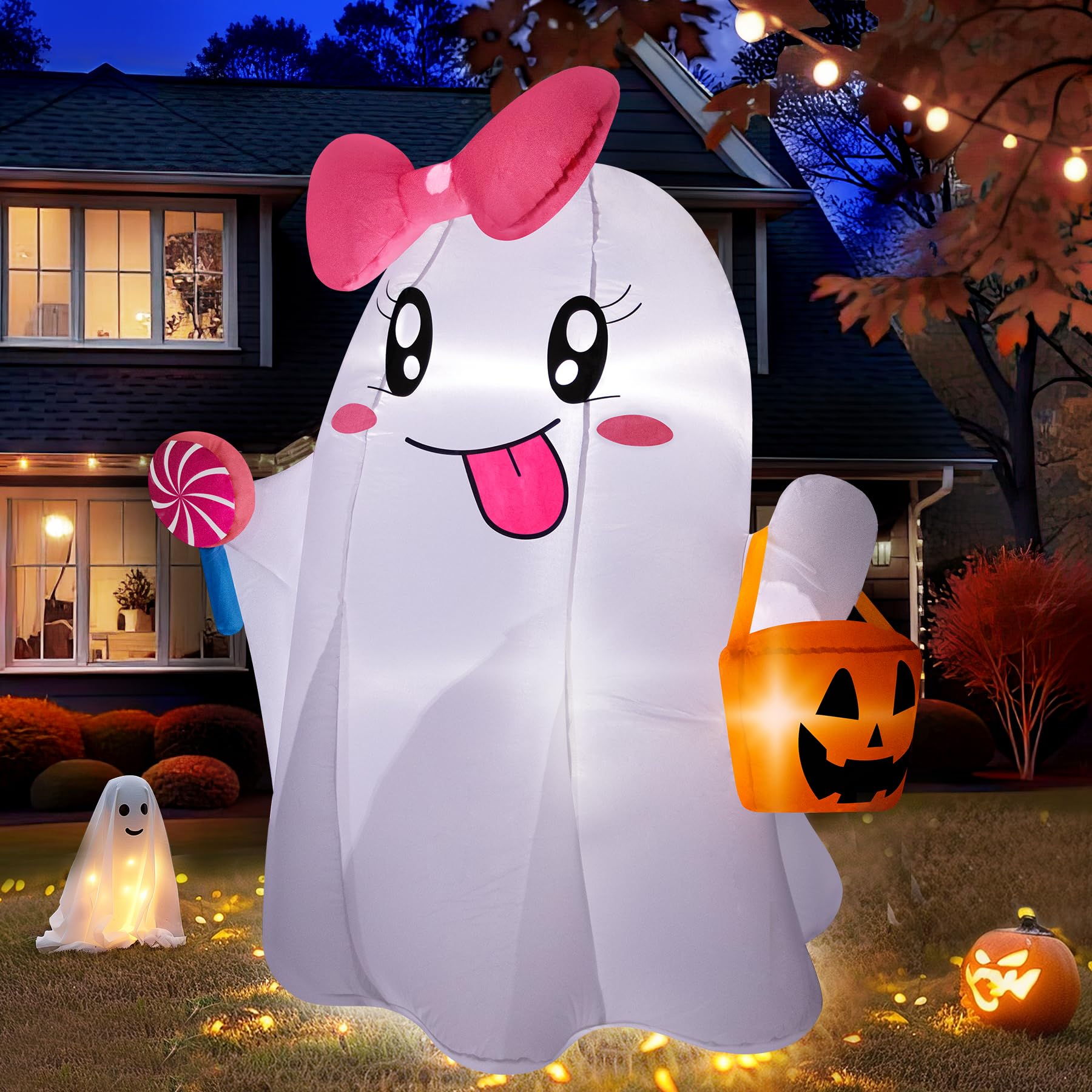 zukakii 5FT Halloween Inflatables Ghost, Cute Halloween Decorations Outdoor Blow Up Yard Decorations with Built-in Bright LED Lights Pumpkin Lollipop Bow Blow-ups for Indoor Outdoor Holiday Party