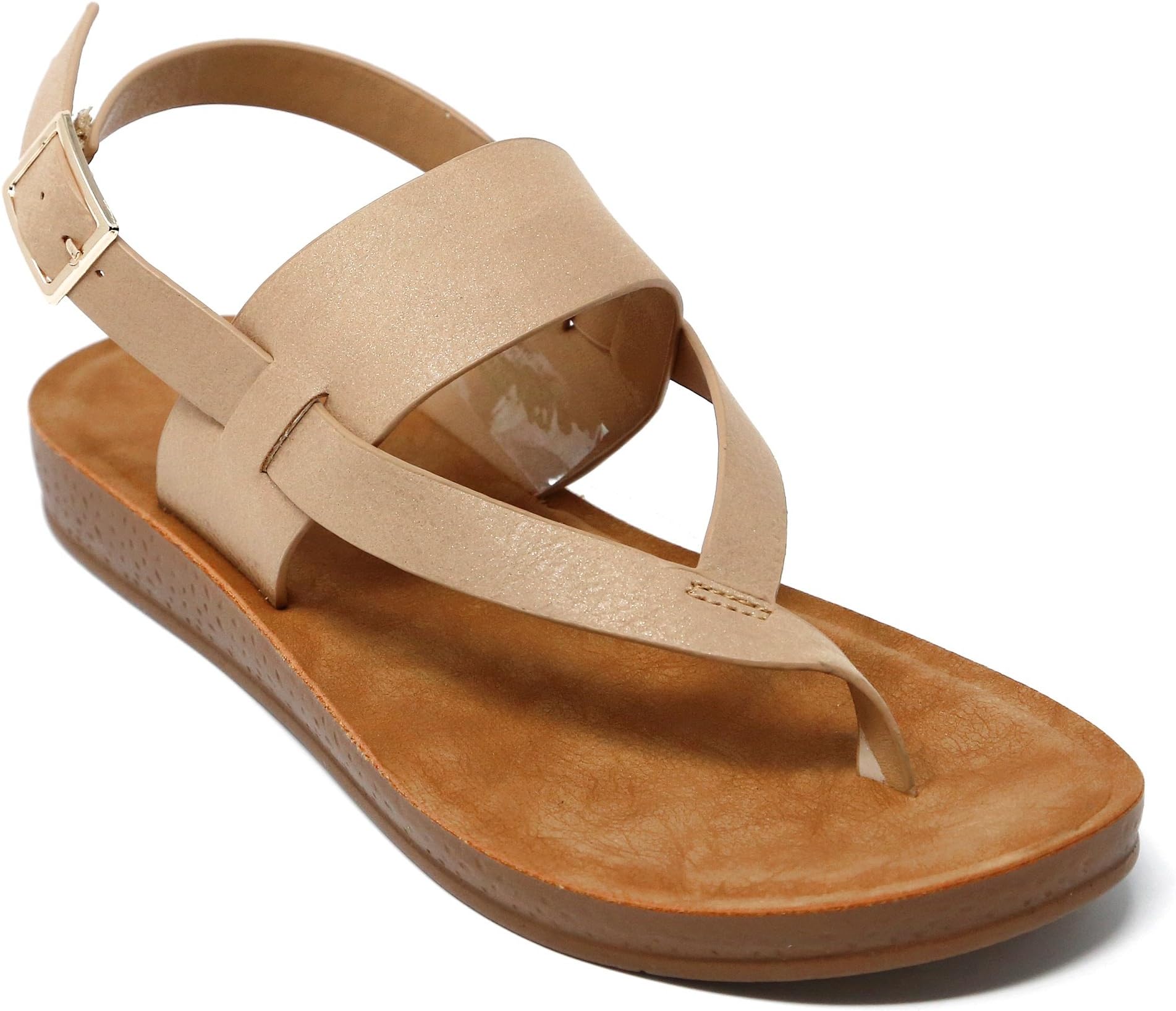 FLINK Posh Chica Women's Thong Single Band Strap Sling Flat Sandals FRe7, Beige 6 B(M) US