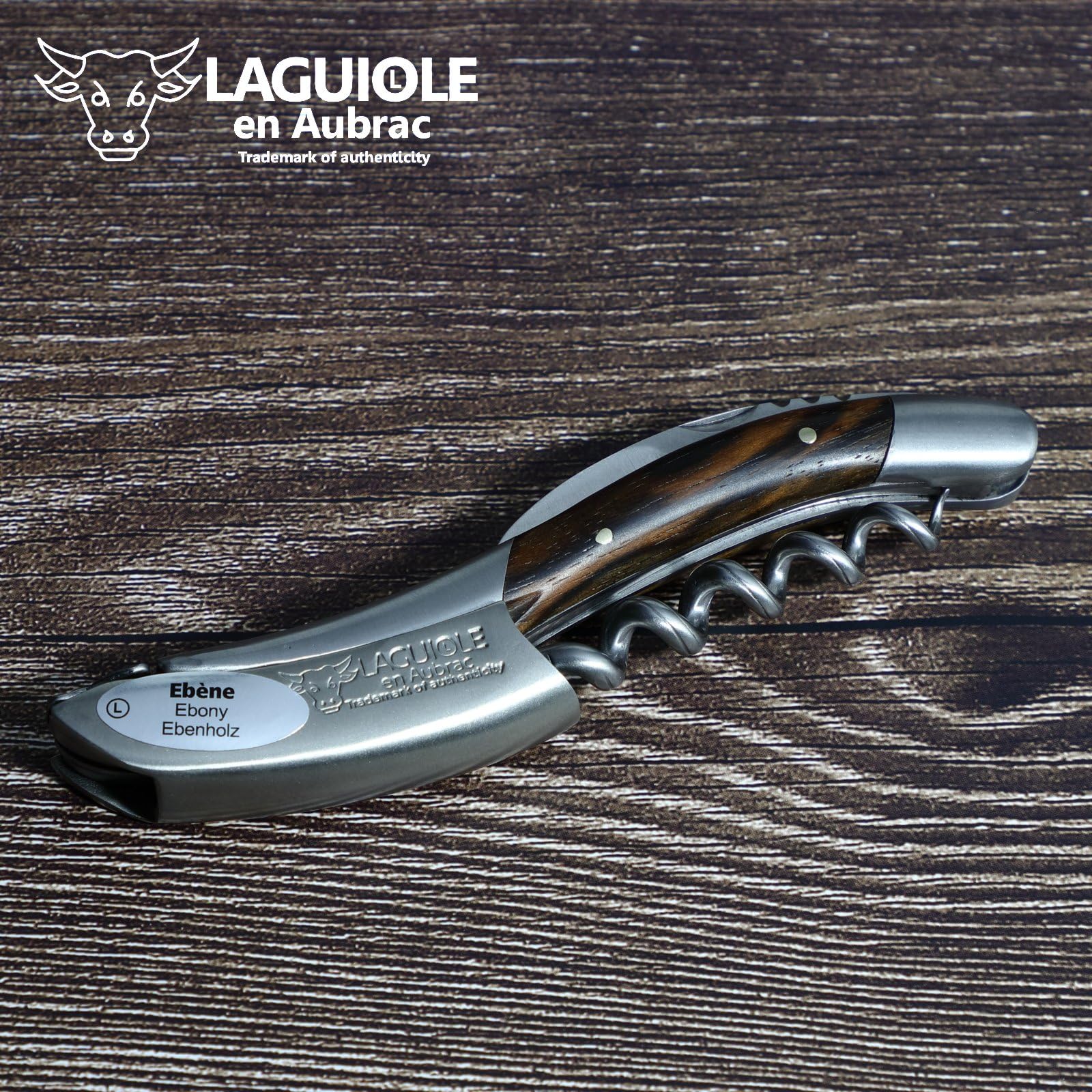 Laguiole en Aubrac Kellnermesser - Makassar Ebenholz - Edelstahl matt - Weinöffner Sommelierbesteck Korkenzieher Frankreich