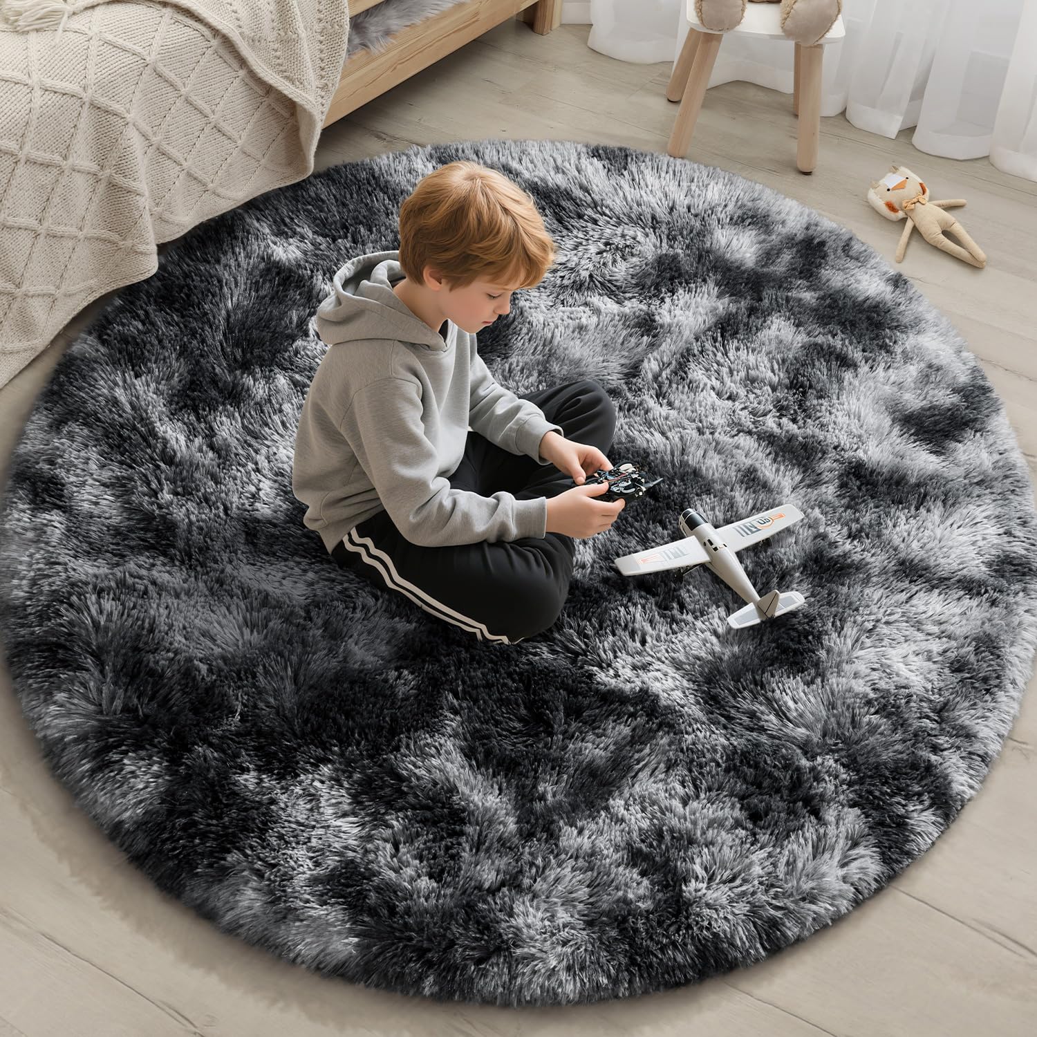 EVOIONOS Tie-Dyed Dark Grey Round Rug Living Room, 6x6 Ft Fluffy Soft Circle Area Rugs Bedroom, Plush Shaggy Circular Carpet Indoor Floor Bedside Kids Nursery, Machine-Washable Home Decor Aesthetic โ image 1