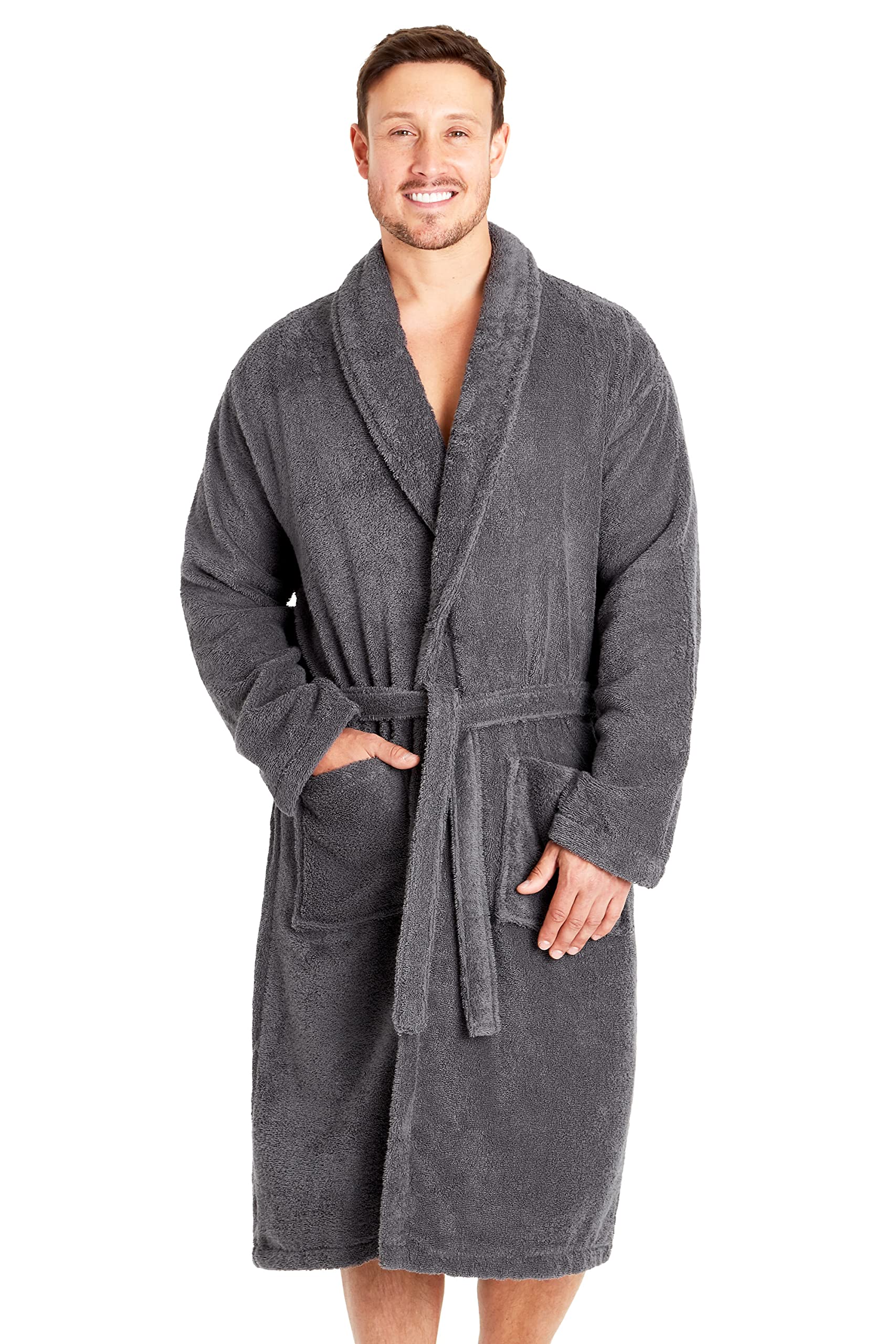 Men Towelling Robe 100% Cotton Terry Towel Bathrobe Dressing Gown Bath Perfect for Gym Shower Spa Hotel Robe Holiday Charcoal Grey Large / X-Large
