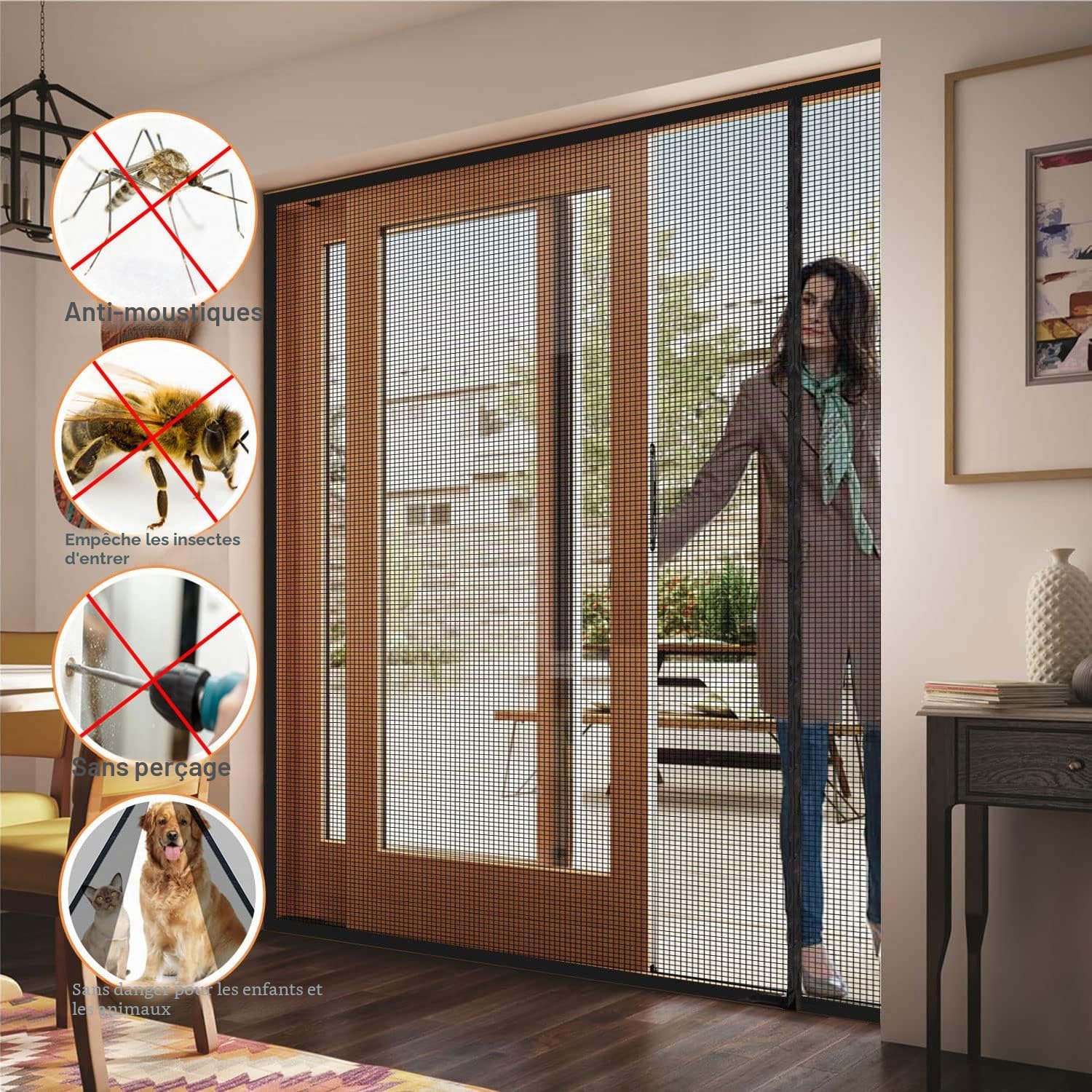 Risareyi Moustiquaire Porte Fenêtre Magnétique 200x220cm, Noir Réversible | Filet en Fibre de Verre Résistant, Anti UV, Ouverture Latérale, Moustiquaire Aimantée, Anti-Insectes, 4cm Ruban Adhésif