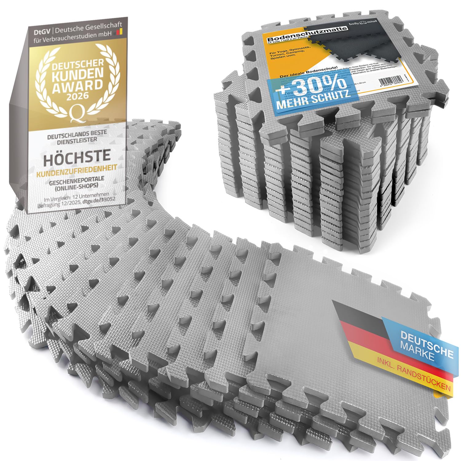 Boden-Schutzmatten XXL Set; Fitnessmatte Bodenschutz Puzzle-Matte; Unterlegmatte für Fitnessgeräte + GRATIS Anti-Rutschmatte; Trainingsmatte & Sport-Matte für Fitnessraum Keller Garage ca. 2m² Grau