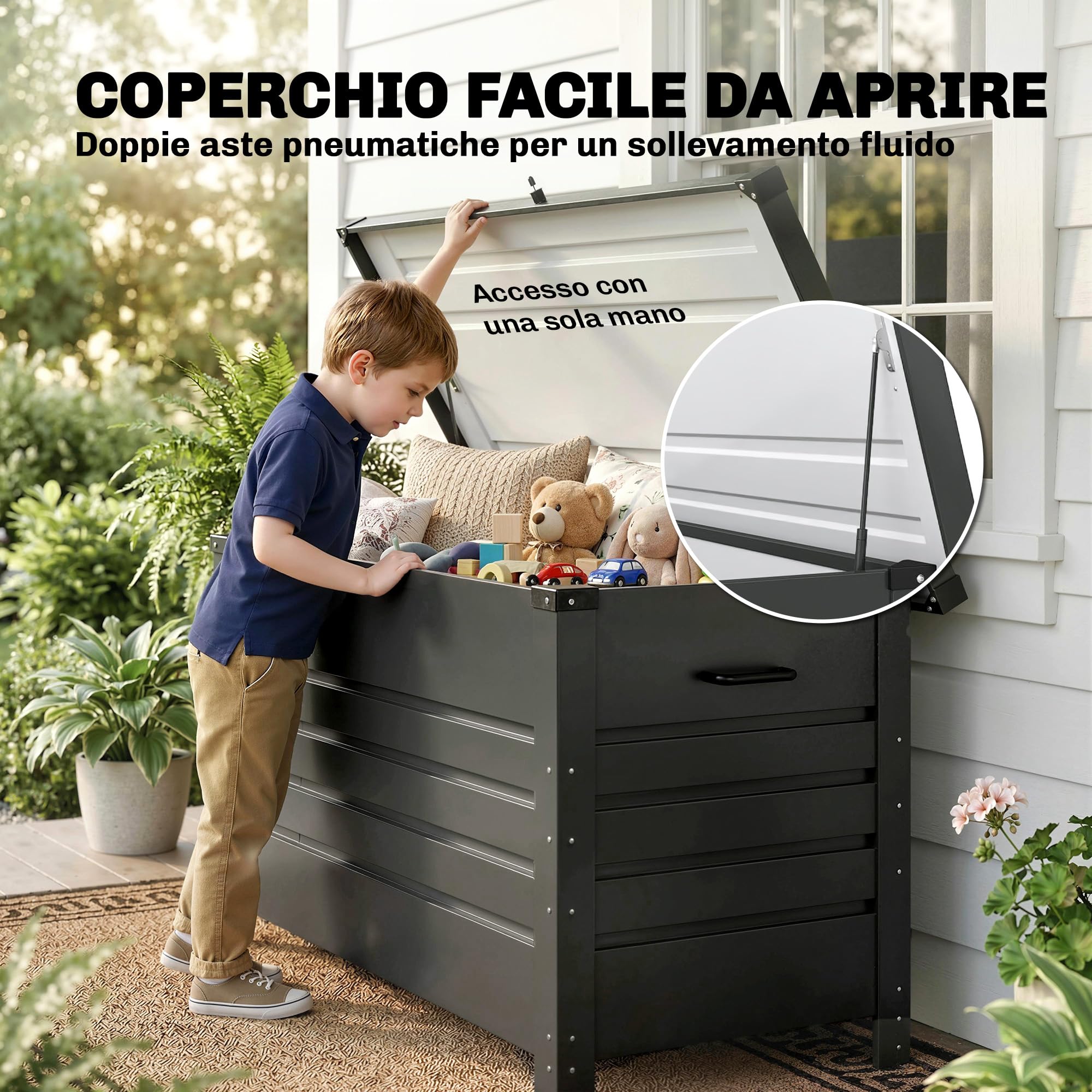 Outsunny Baule da Esterno 350L Acciaio Rinforzato con Coperchio Bloccabile, Pistoni a Gas, Ruote, Grigio