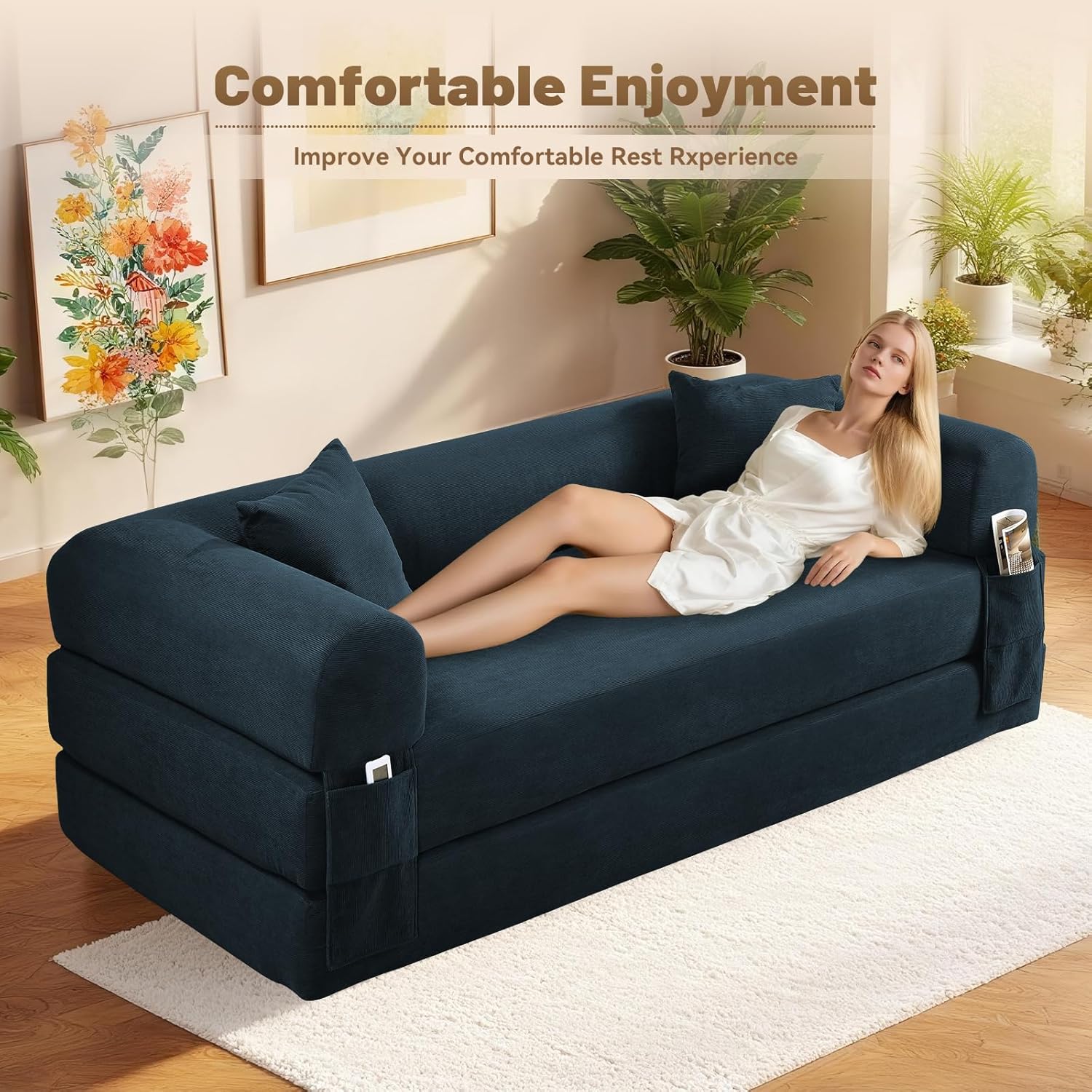 80 Inch Convertible Sofa Bed,Folding Pull Out Couch with Pillows & Storage Pocket,Corduroy Queen Sleeper Sofa in a Box,No Assembly Boneless Couch for Living Room,Navy Blue