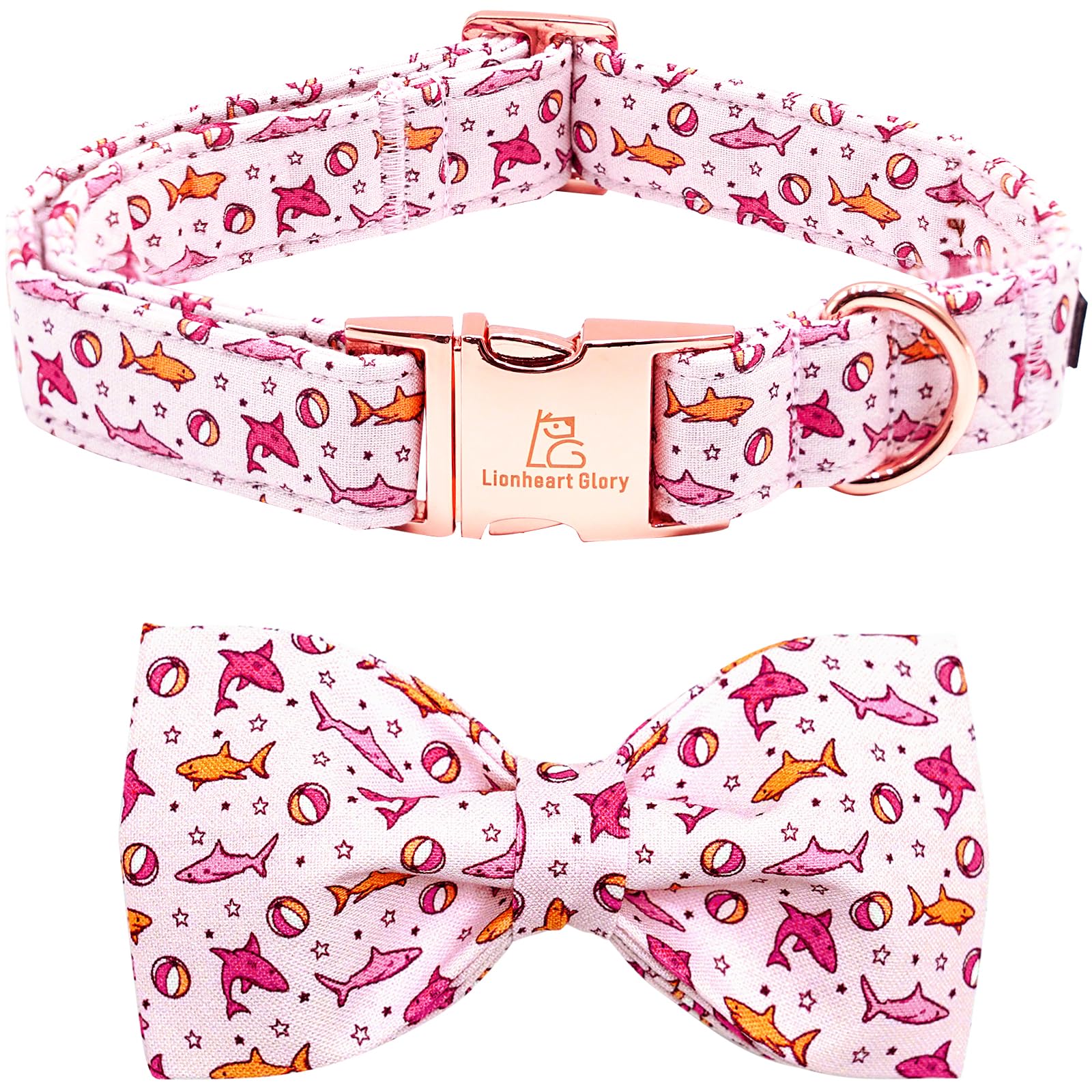 Lionheart glory Dog Collar Shark Print Dogs Bow Collar Adjustable Soft Pink Dog Collars Male or Female Summer Spring Collars with Bowtie for Small