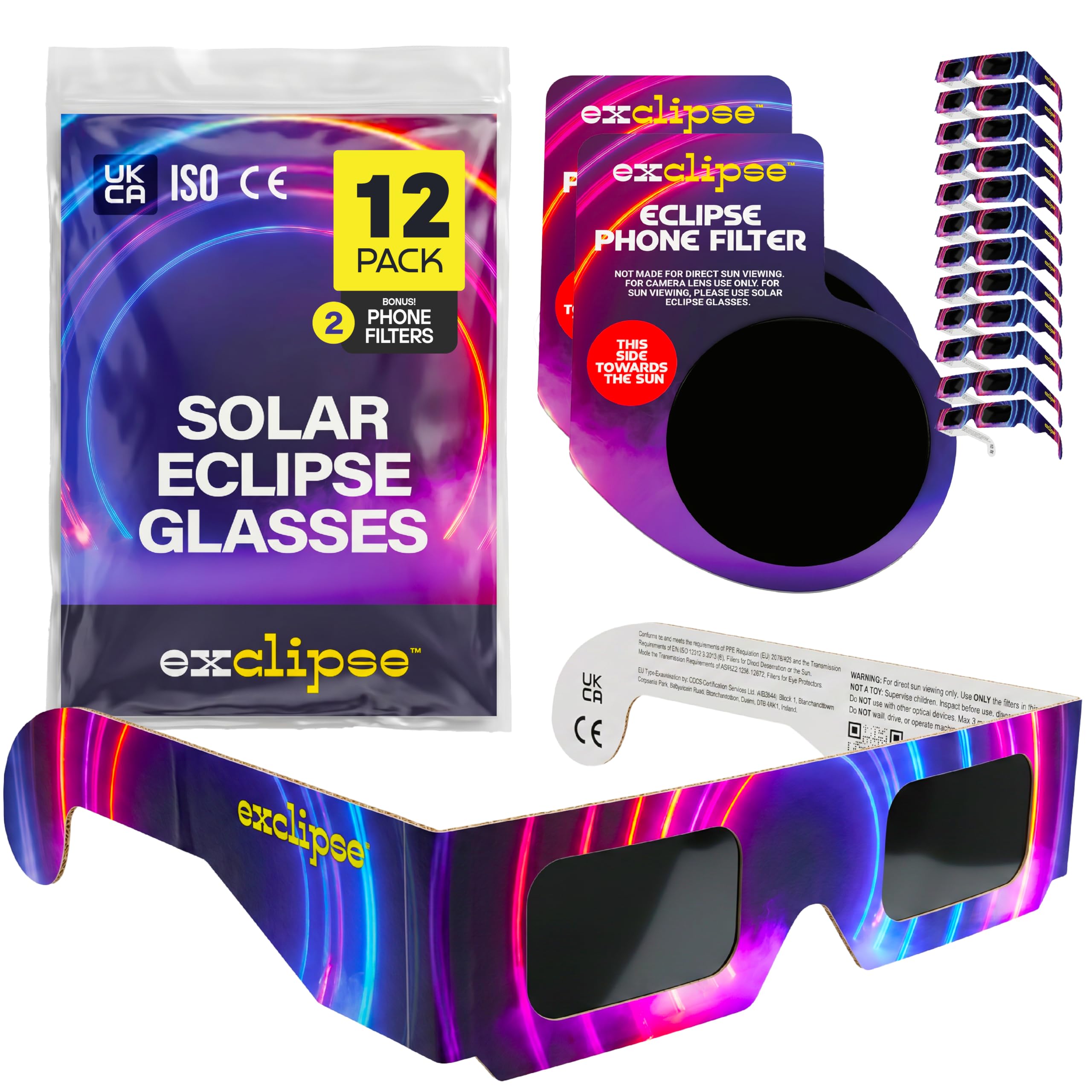Solar Eclipse Glasses 12 Pack with 2 Phone Filters – ISO 12312-2 & CE & UKCA Certified Sun Viewing Glasses + Smartphone Filters, AAS 2026