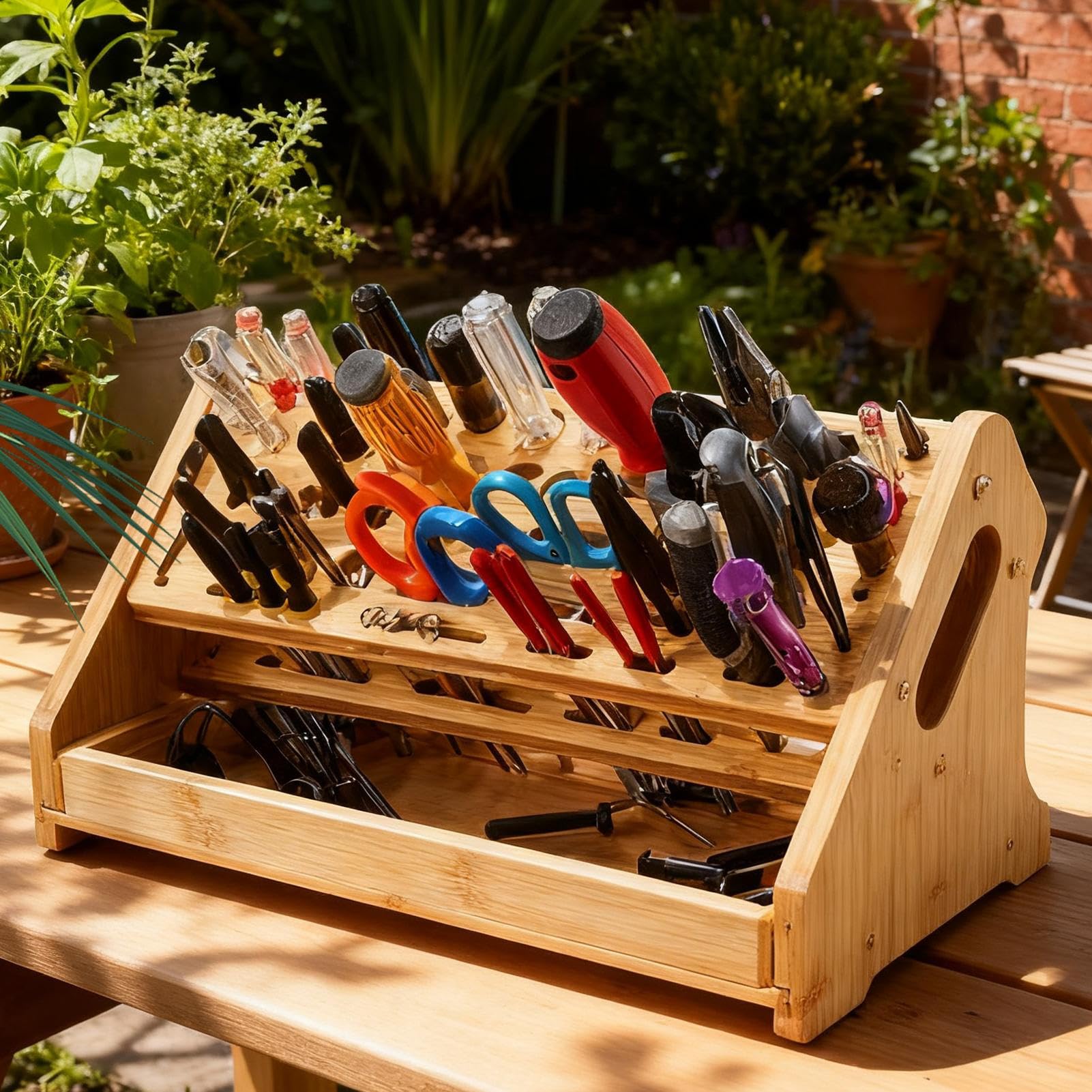 Organizador de Alicates | con Bandeja de 53 Agujeros Organización Hogar Madera - Organizador de Herramientas para Escritorio | Para Manualidades Reparación Garaje Interior y Exterior Jardín