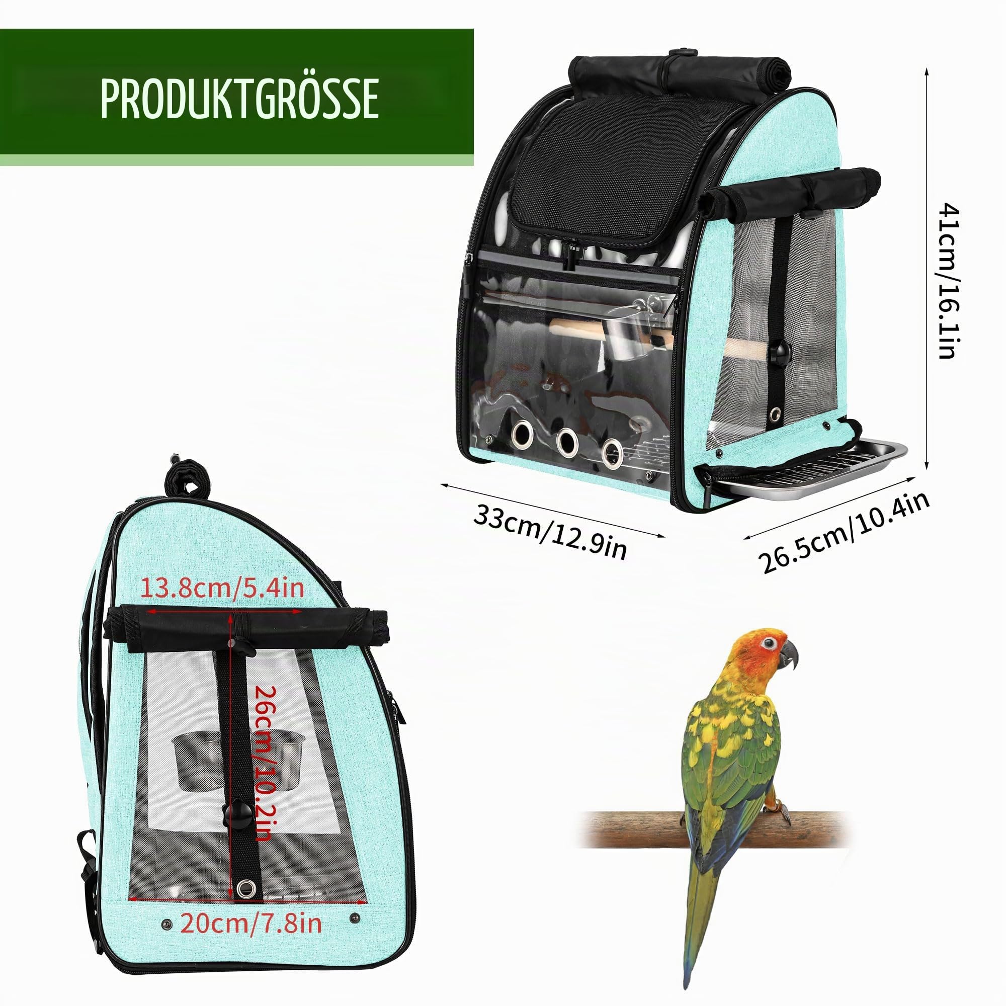 Vogel Transportbox, Reisekäfig mit unzerstörbarem Edelstahlgitter, inkl. Standfuß, leichter & leicht zu reinigender Haustier-Rucksack für Papageien, Nymphensittiche, Wellensittiche, Grün
