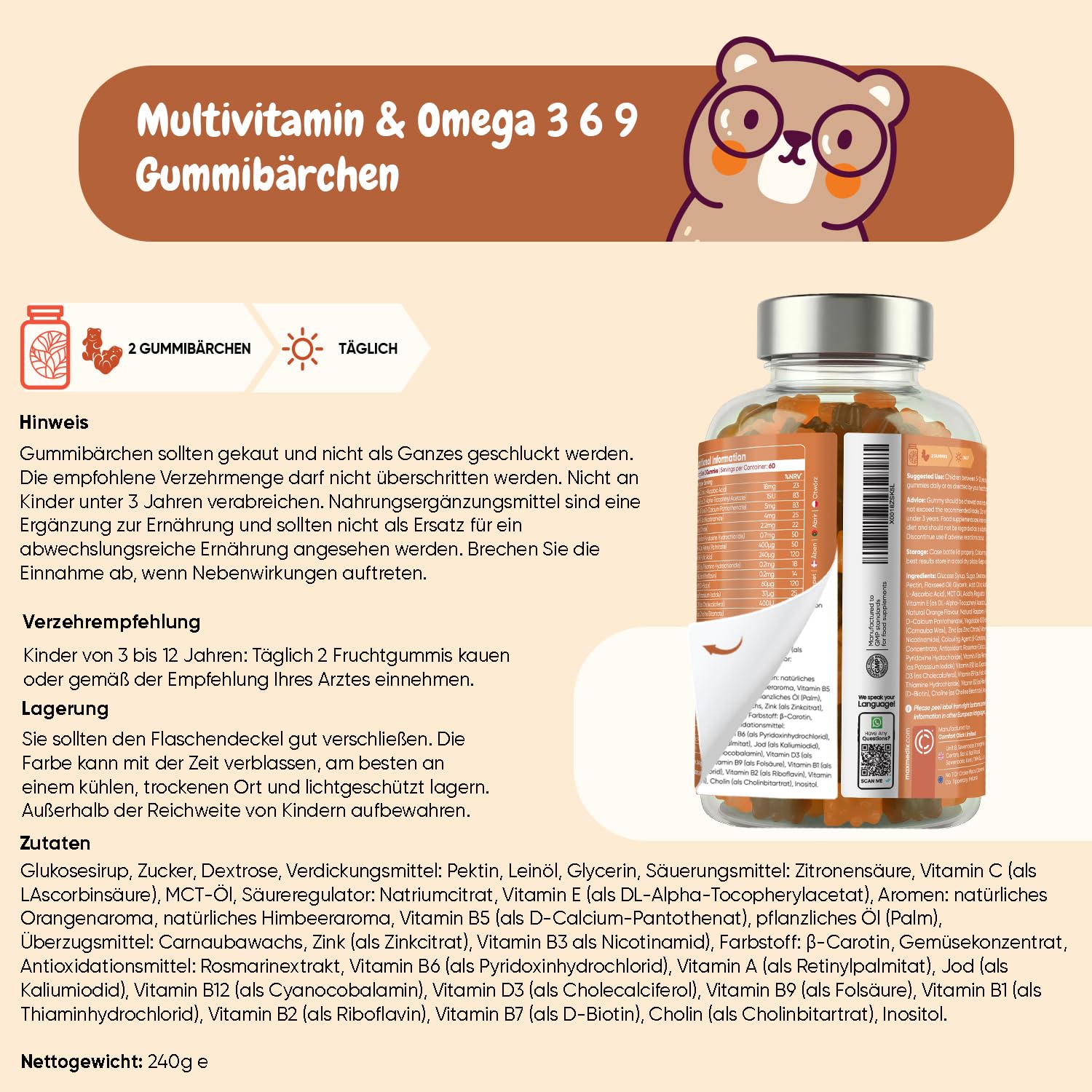 Multivitamin Gummibärchen für Kinder - Mit Omega 3 6 9, Vitamin C - 120 Multivitamin Kinder Gummies - Vitamin D3, B7, B12, E, B1, B2, B3, B5, B9 Jod, Zink - Mit Himbeer & Orangengeschmack - maxmedix