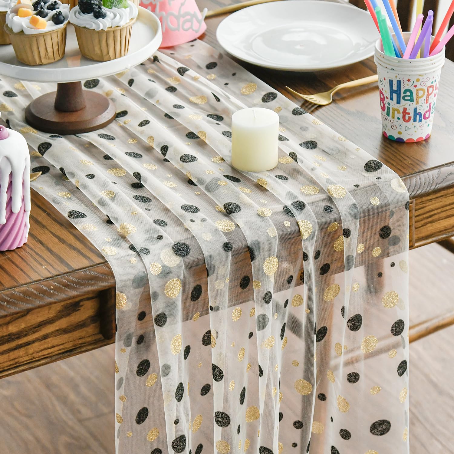 Artoid Mode Black and Golden Polka Dots Beige Gauze Table Runner 120 Inch 10FT, Seasonal Sheer Dining Holiday Wedding Birthday Baby Shower Table Decor