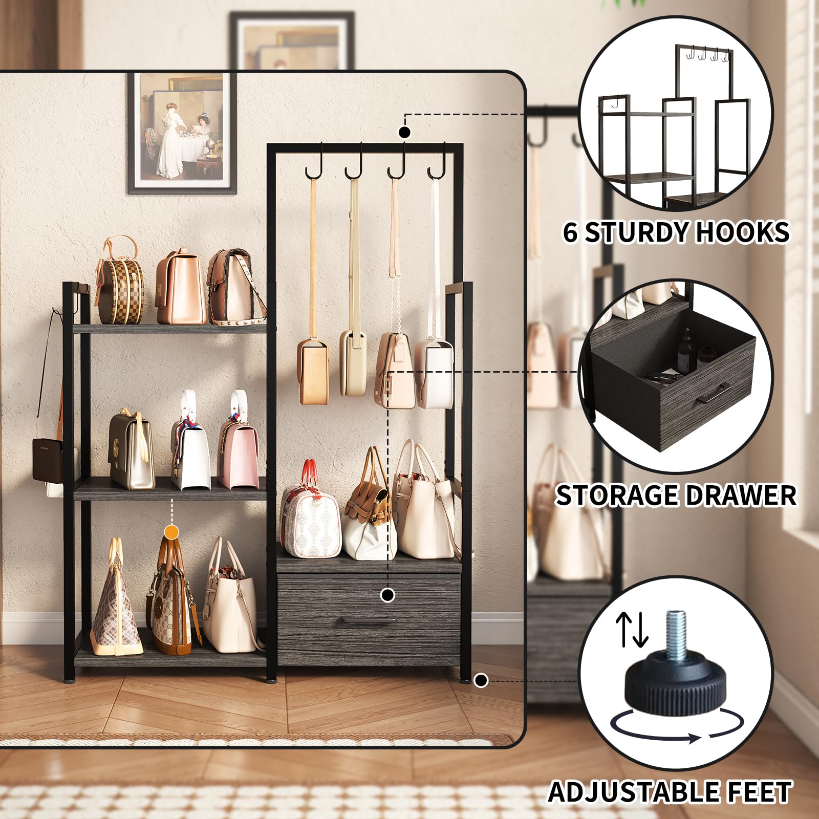 Organizador de bolsos – Estante de almacenamiento de 3 niveles con cajón extraíble y 6 ganchos, estante de alta capacidad, marco de metal con estantes de madera para armario/dormitorio (gris