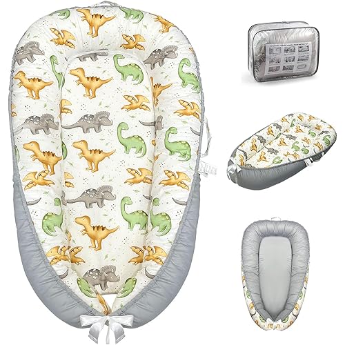 Baby Lounger for Newborn, Baby Nest Cover Breathable and Soft Cotton, Infant Lounger with U-Shaped Safety Bumper for Cozy Comfort Essentials (Dinosuars)