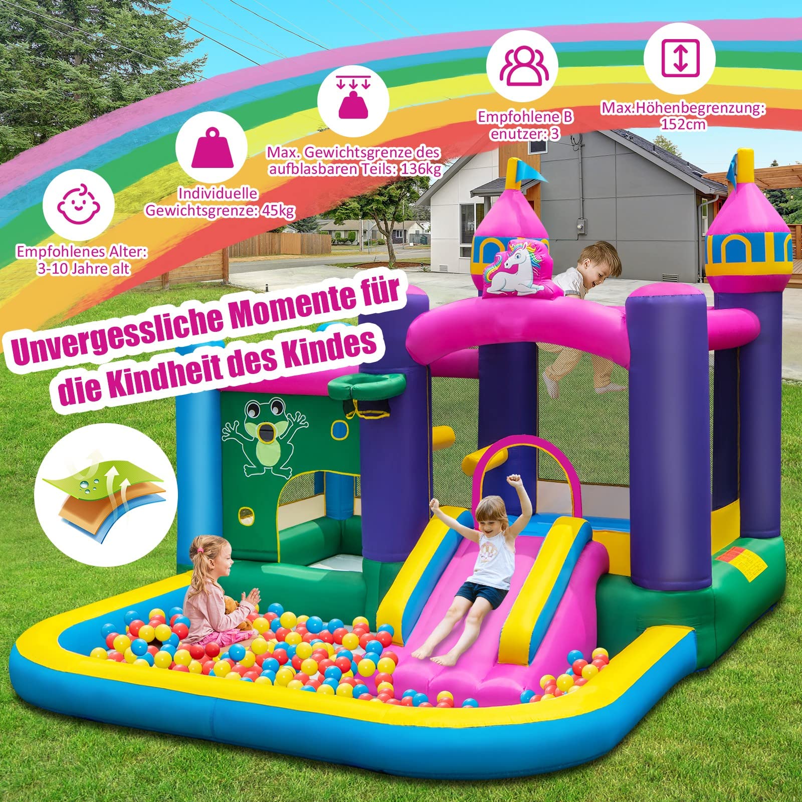 DREAMADE Einhorn Aufblasbare Hüpfburg mit 680 W Gebläse, Wasserpark mit Planschbecken & Rutsche & Springbereich, Spielburg mit Reparaturset & Tragetasche, Hüpfschloss 390 X 330 X 270 cm (mit Gebläse)