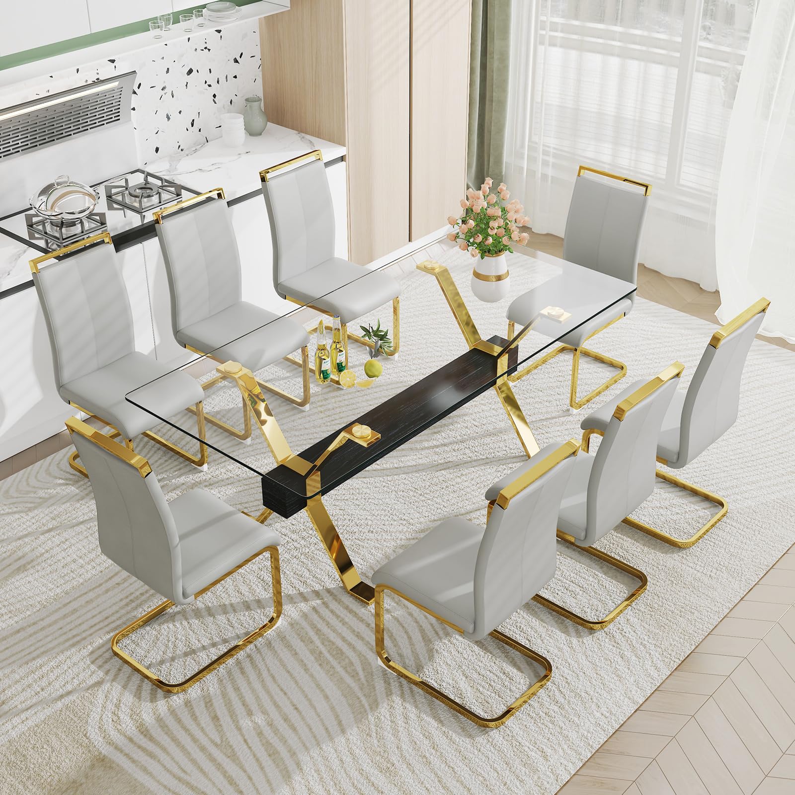 Ebullient 5-Piece Glass Dining Table Set For 4 - Modern Rectangle Table With 4 PU Leather Chairs - View #12