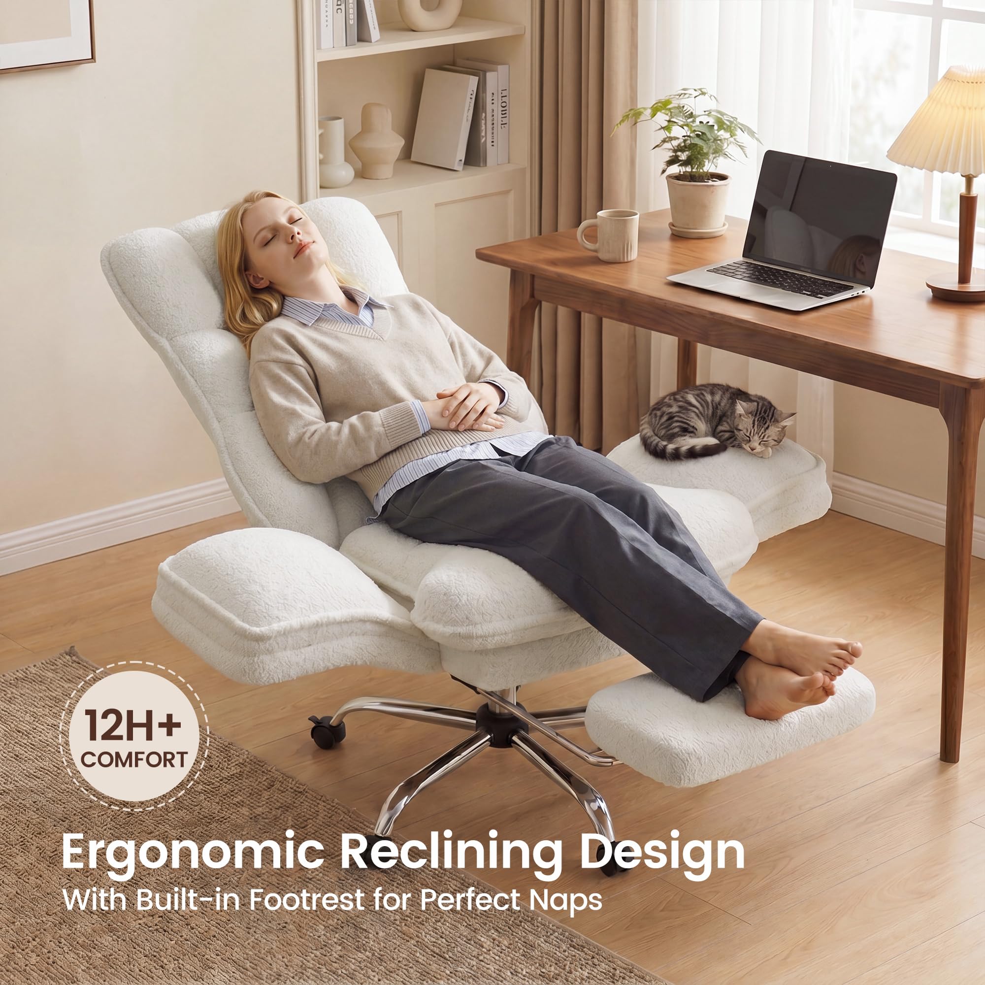 Hawthyhome Ergonomischer Bürostuhl 135° Teddy Drehstuhl mit Fußstütze,Weiß | bis 180kg, Fußstütze, klappbare Armlehnen, Teddy-Fleece, schreibtischstuhl für schneidersitz, Homeoffice