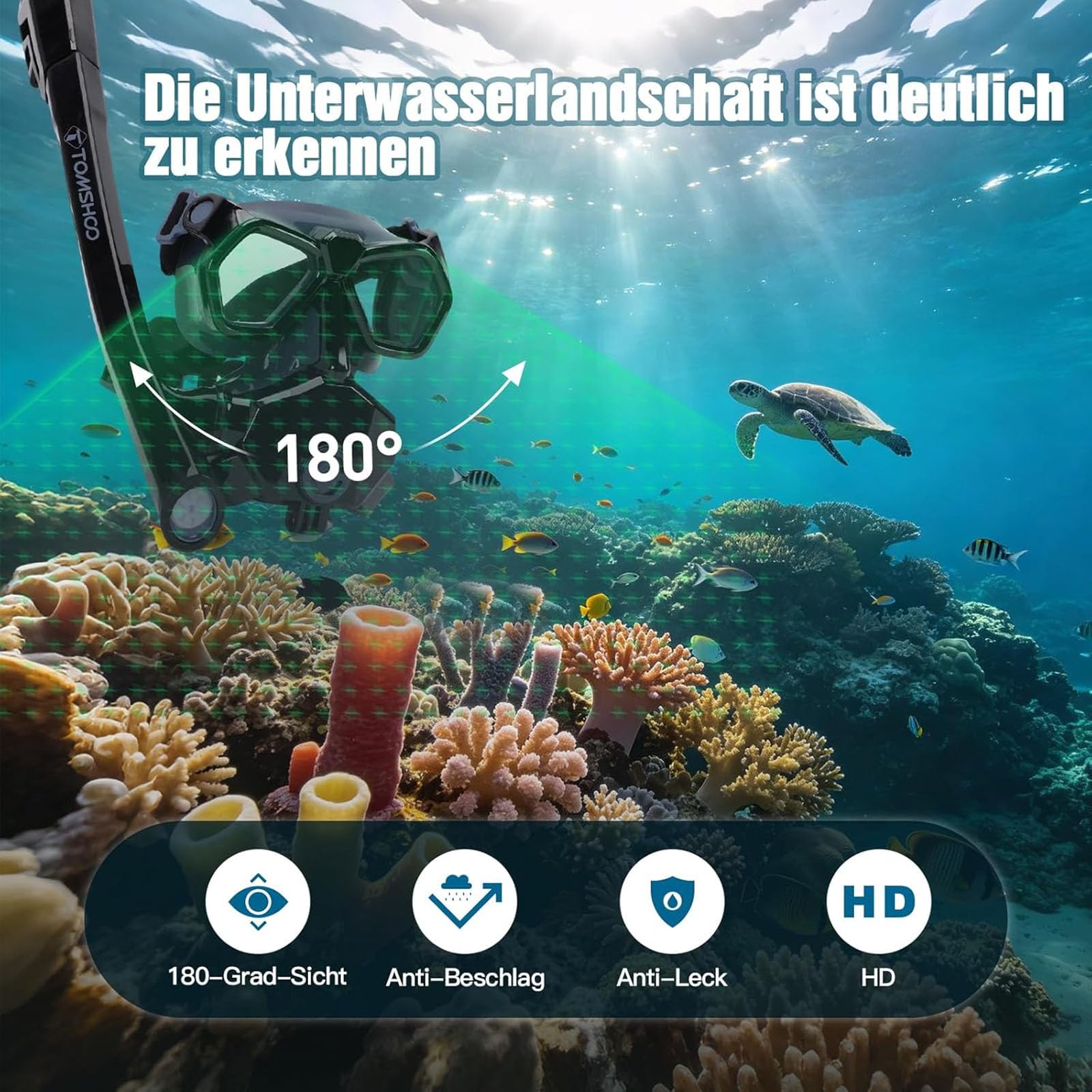 TOMSHOO Schnorchelset Erwachsene, Vollgesichts Schnorchelmaske mit Druckausgleich und Kamera-Halterung, 180° Panoramablick Tauchmaske, Anti-Fog Anti-Leck aus Gehärtetem Glas für Herren und Damen