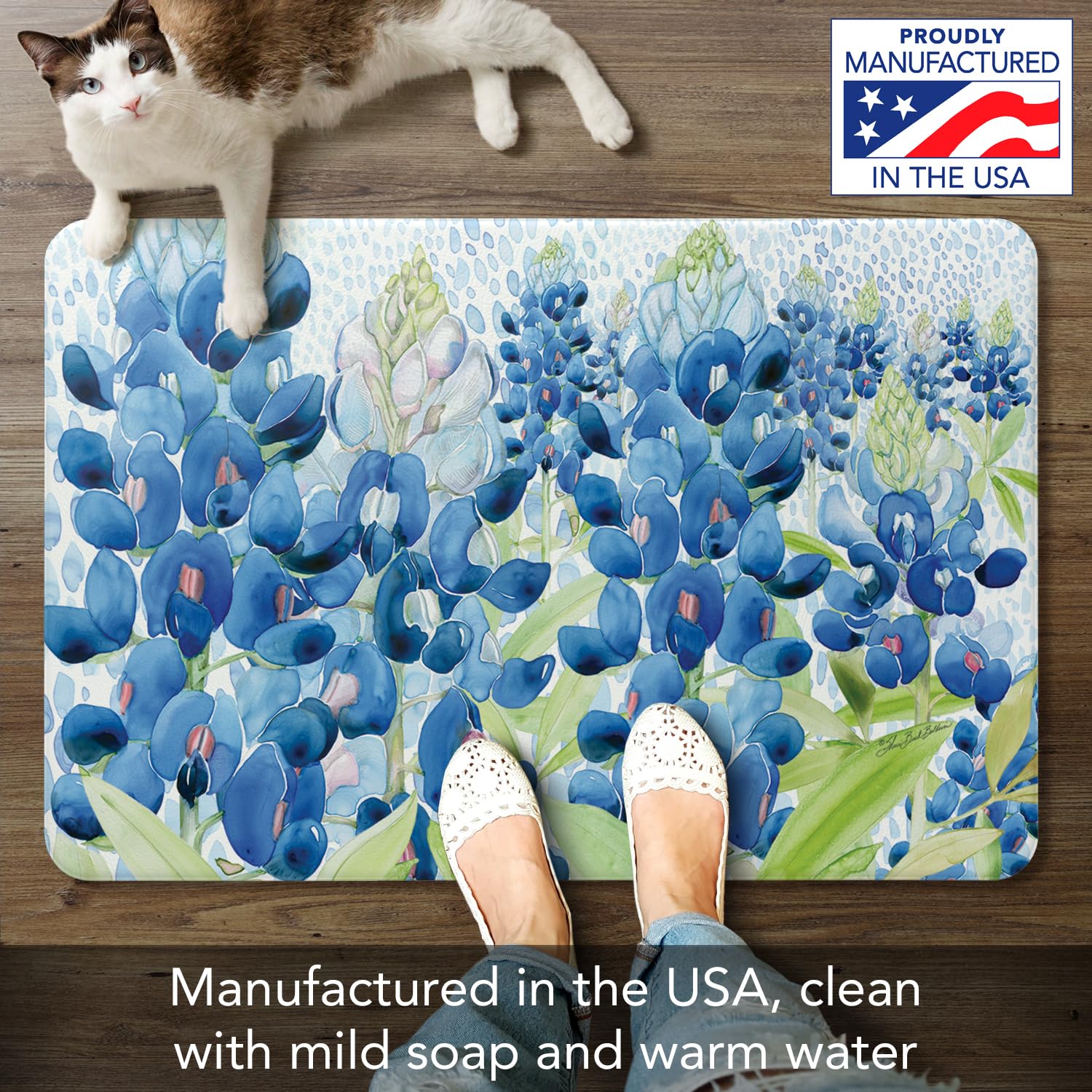 Highland Home Bluebonnet Field 30” x 20” Decorative Vinyl Comfort Floor Mat Manufactured in The USA, Waterproof, Easy to Clean