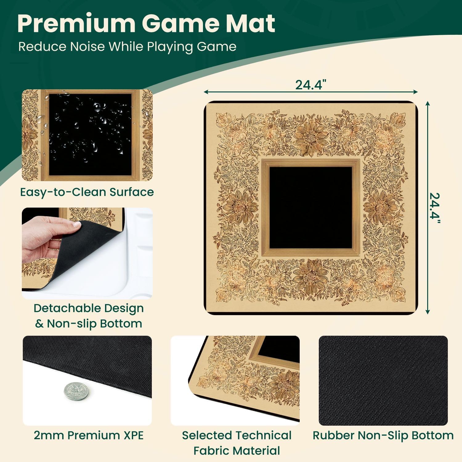 Folding Mahjong Table with Vintage Floral Border Intricate Line Art Elegant Detailing Wear-Resistant Mahjong Mat, 4 Cup Holders & Chip Trays for 4 Players Square Portable Card Table for Poker Domino