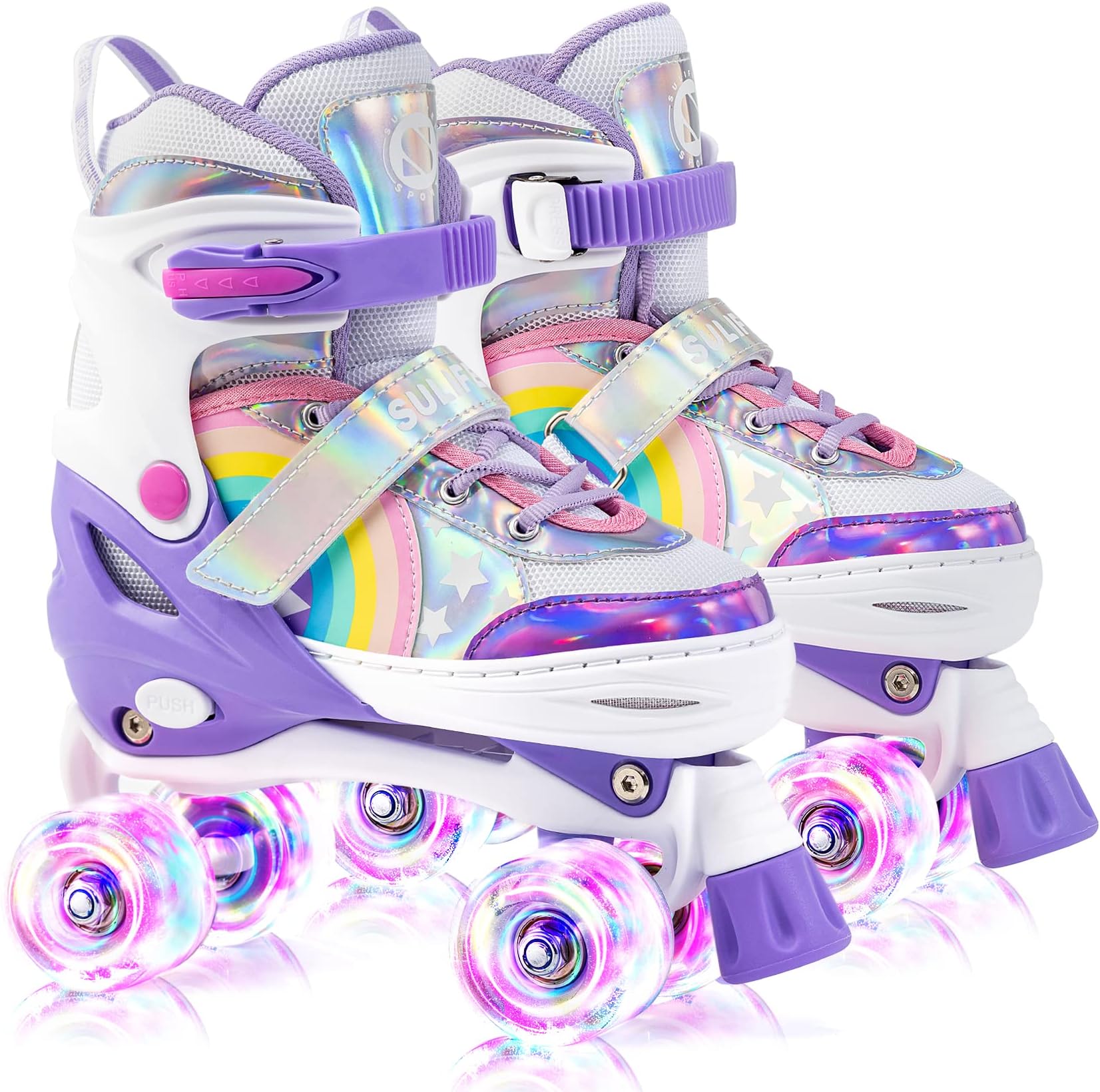 SULIFEEL Purple Rainbow Unicorn Adjustable Roller Skates for Kids with Light up Wheels for Girls and Boys