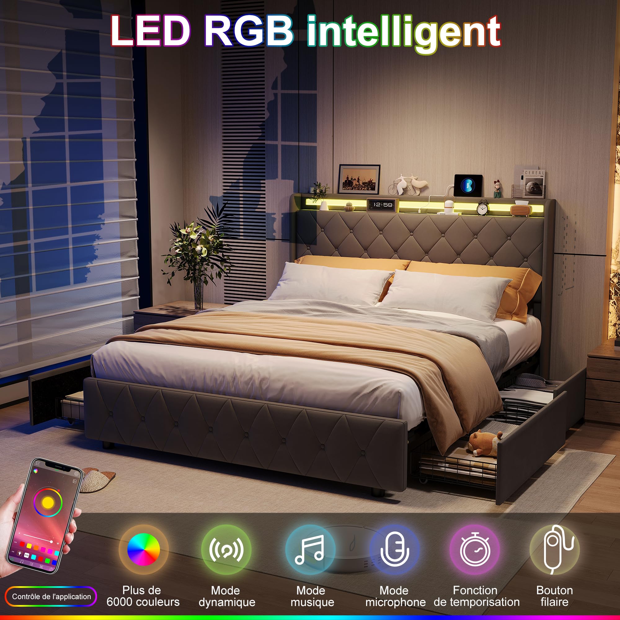 Wyściełane łóżko do przechowywania 160 x 200 cm Szare, LED RGB, USB-C i 4