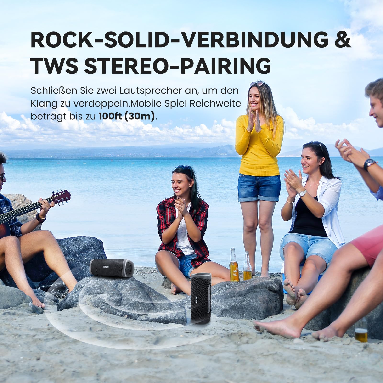EarFun UBOOM L Bluetooth Lautsprecher, Kabelloser Lautsprecher 28W Stereo Sound, Satte Bässe mit 2 Treibern, IP67 Wasserdicht & Staubdicht, Dual Pairing, 16H, Outdoor Musikbox für Party