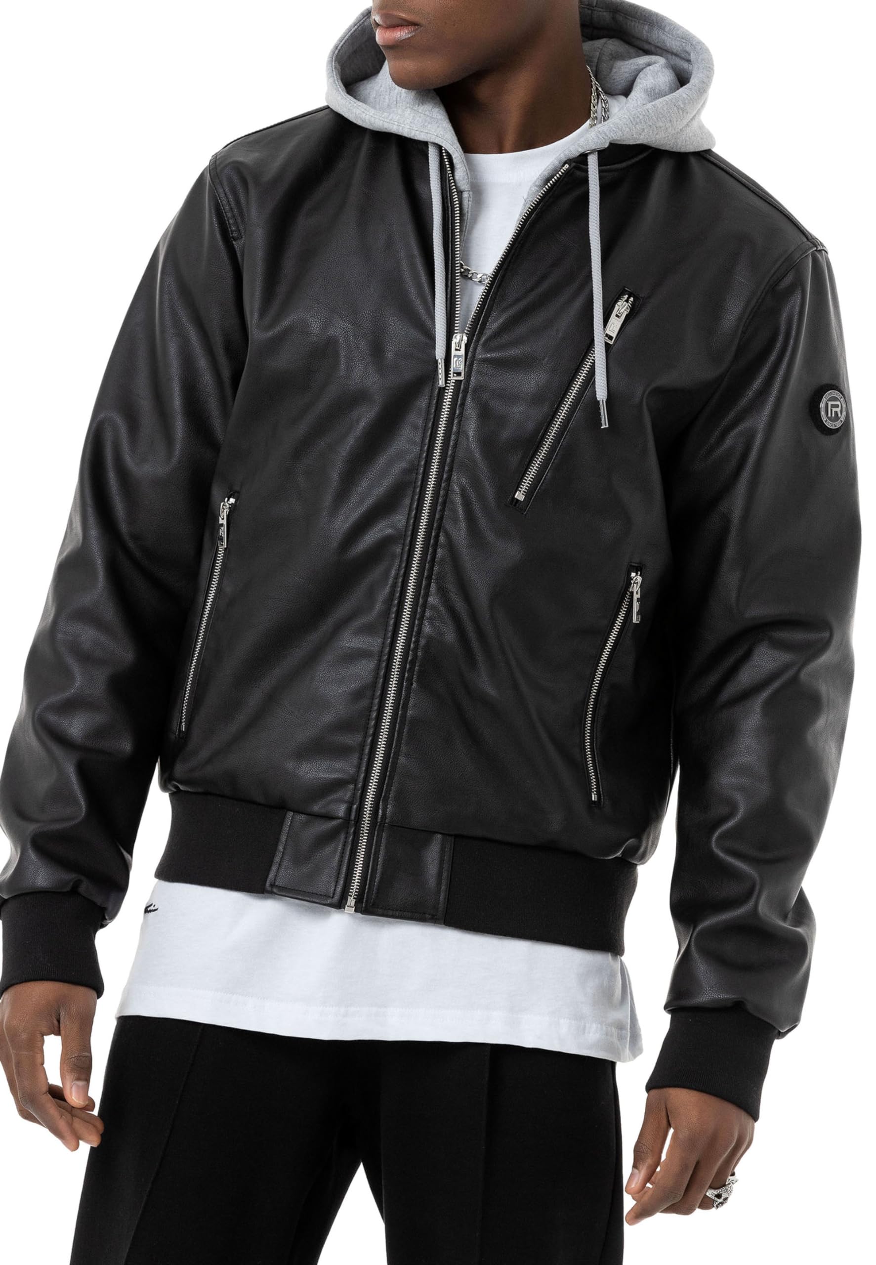 Red Bridge - Chaqueta bomber de piel sintética para hombre con capucha desmontable