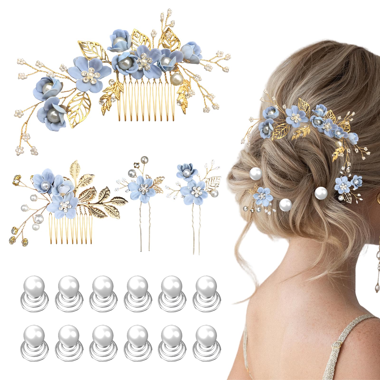 16PCS Bridal Wedding Blue Hair Accessories for Women Elegant Decorative Flower Hair Pins & Comb Set