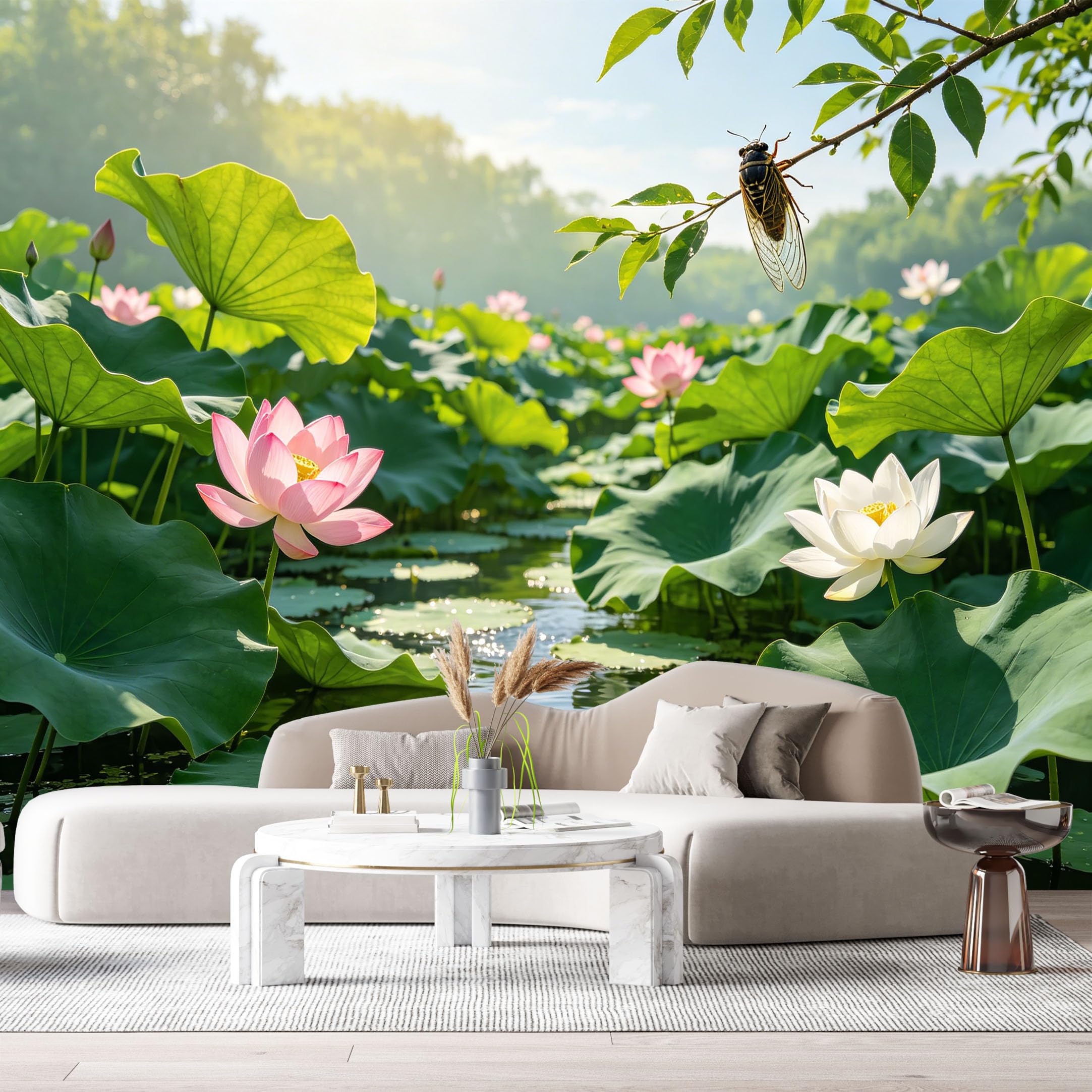 Custom Size Wall Murals Lotus Pond Botanical Watercolor Dragonfly Leaves SelfAdhesive Wall Fabric Removable Large Wallpaper for Photo Living Room