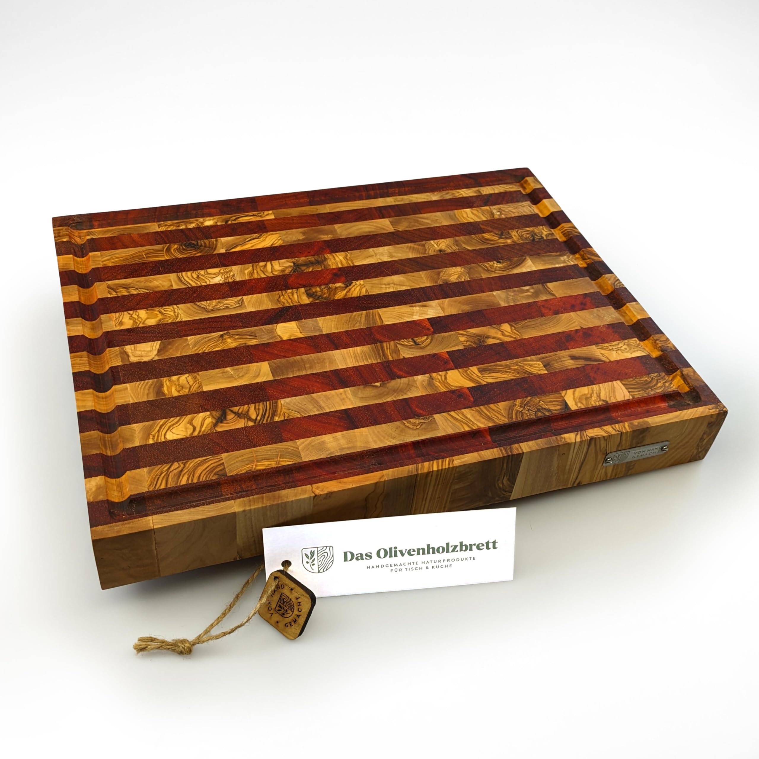 DAS OLIVENHOLZBRETT®Mosaik Schneidebrett mit Saftrille /40cm x 30cm x 4,5cm | Exklusives Olivenholzbrett/Luxus Hirnholzbrett / Stirnholz /massiv/ auf Anfrage mit Stereo Füßen