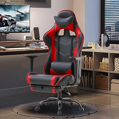 Miniatura 7 de Silla para videojuegos, respaldo alto, de piel sintética, silla de computadora con reposacabezas y soporte lumbar, asiento ancho ajustable en altura