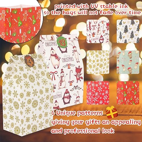 Miniatura 5 de STARRKY 24 bolsas de regalos de Navidad con calcomanías, bolsas de regalo de Navidad, 6 estilos para galletas, almuerzo, aulas, regalos de fiesta de