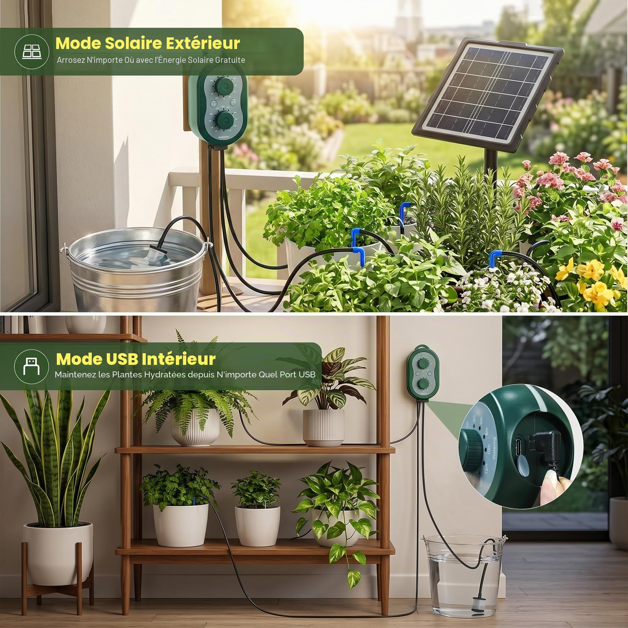 Système d'arrosage solaire automatique recharge USB tuyau 15 m pour jardinières jardin balcon serre