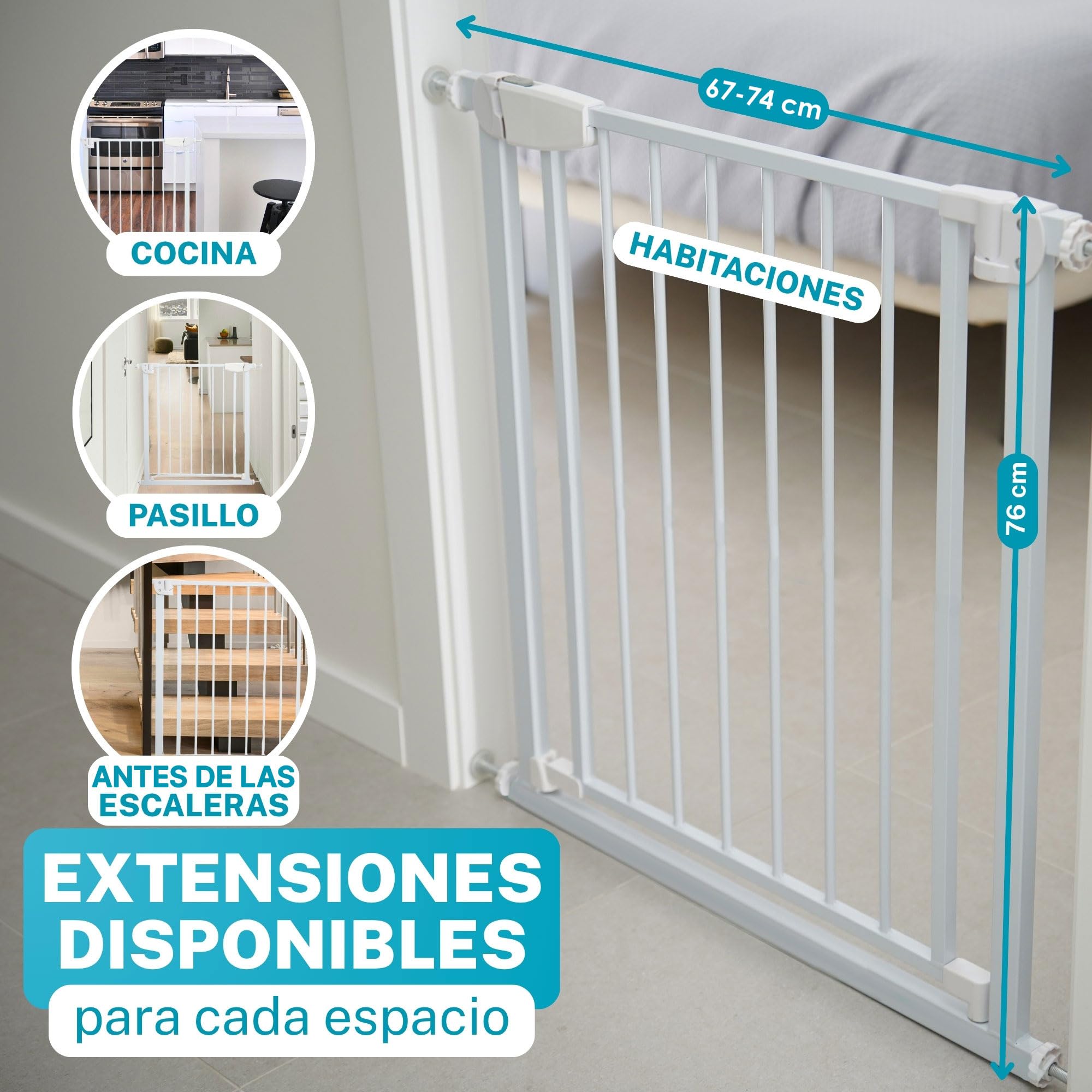 ALMAR Baby Barrera de Seguridad 67-74cm Blanco | Facil Montaje sin Tornillos para Puertas, Pasillos o Escalera para Niños o Mascotas | Valla Blanca con Sitema de Cierre Automático Giro Ambos Lados