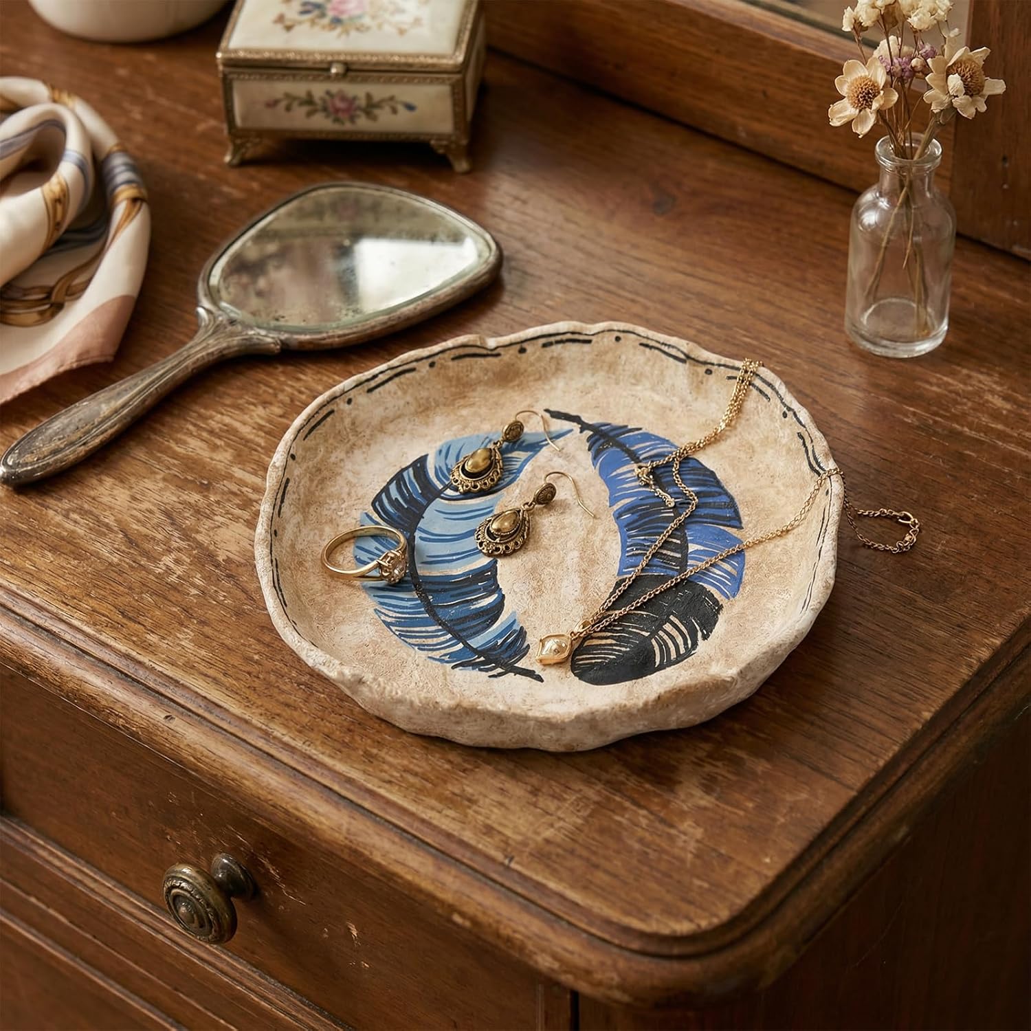 Feather Circle Trinket Dish – Blue Handmade Jewelry Tray with Symbol of Freedom & Protection (Feather Circle)