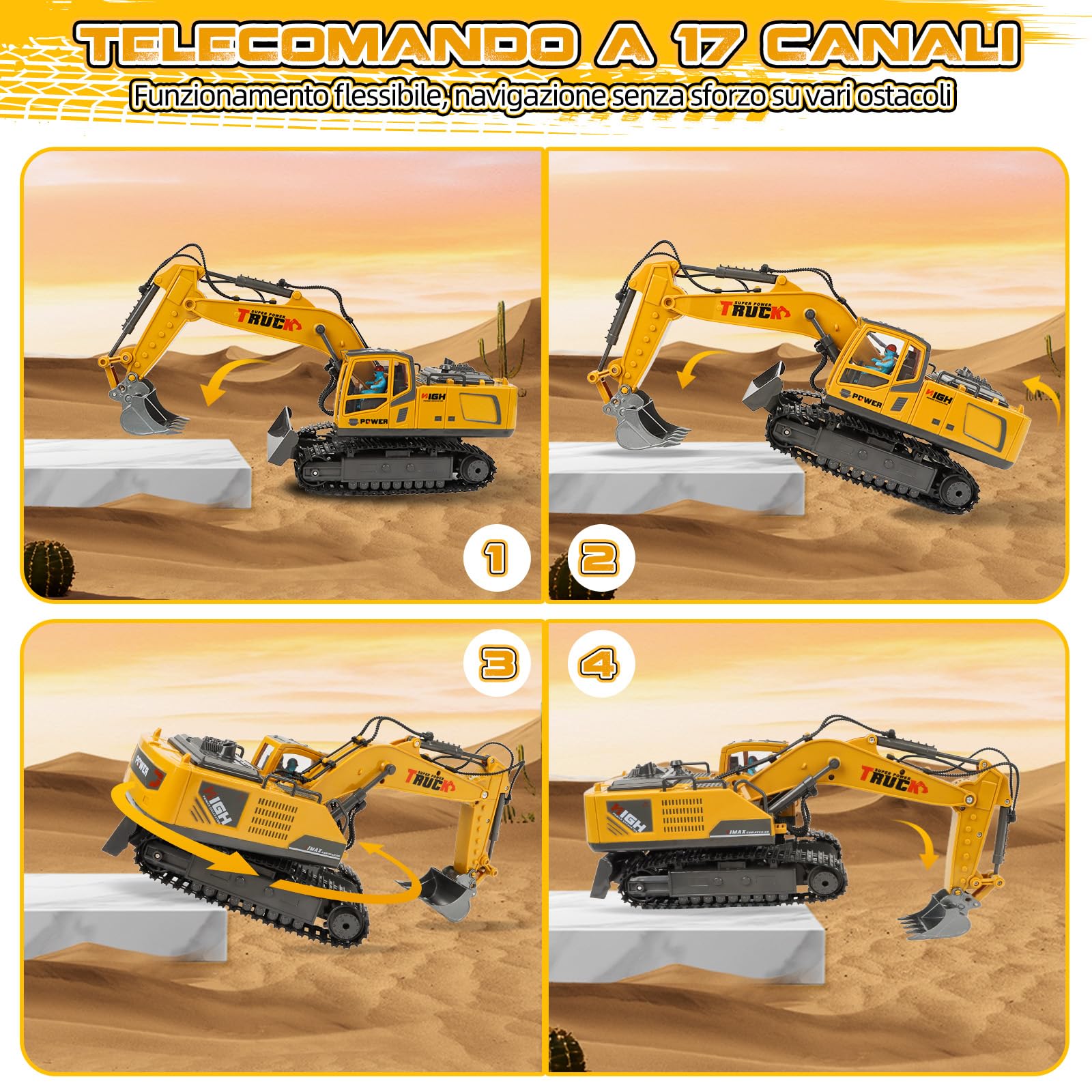 Cheffery Escavatore Radiocomandato, Escavatore Telecomandato Bambini 17 Canali 2,4 GHz Ruspa Telecomandata con Pala Metallica, Driver, Spray, Luci e Suoni, Escavatores Giocattolo Per Bambino 3+ Anni