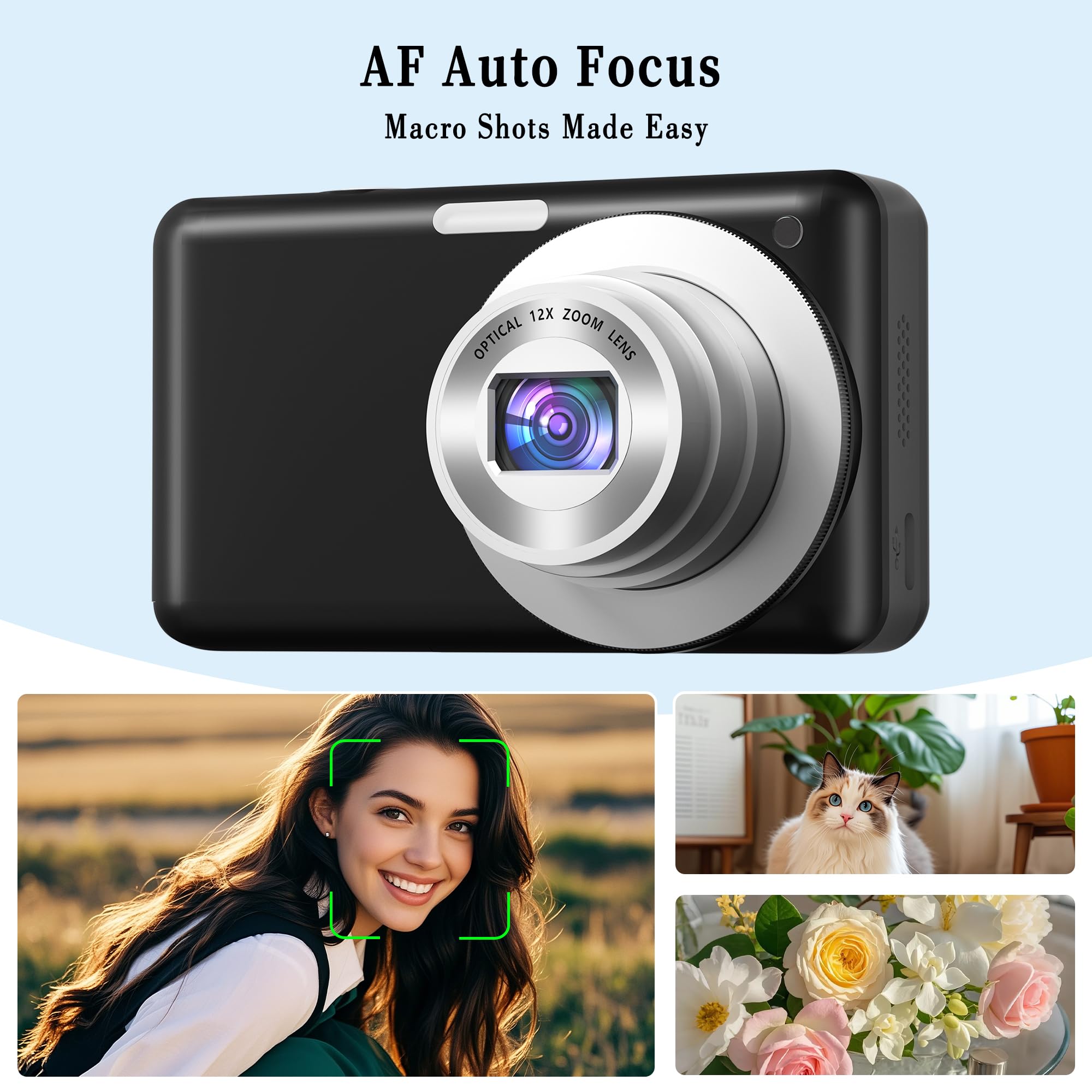 Fotocamera digitale 4K 64MP: zoom ottico 12X fotocamera digitale compatta portatile con autofocus, anti-shake e scheda tascabile da 64 GB per vlogging viaggi per adulti adolescenti studenti