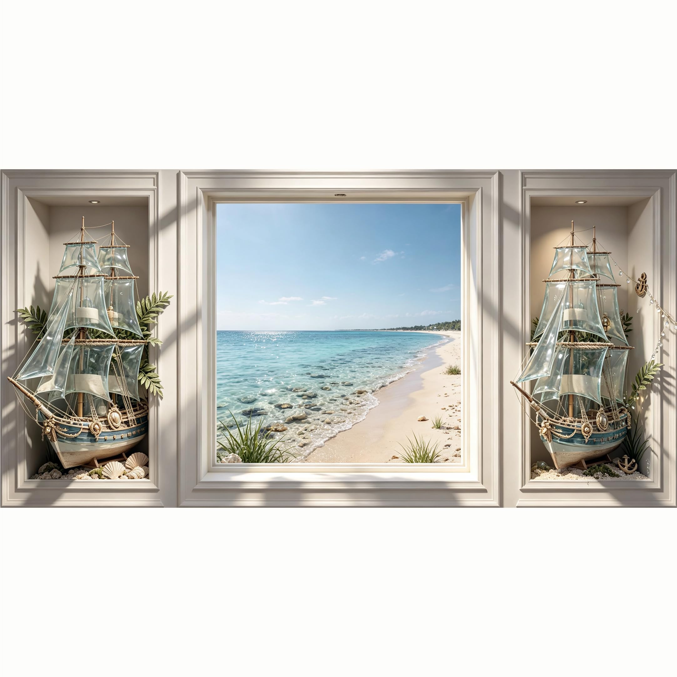 QZLITHOTIC 50x100cm 3D Framed Wall Art， Coastal Beach Sailboat Window View Self‑Adhesive Mural， Water‑Activated Peel & Stick Fabric Decor Wall Decal for Bedroom Living Room