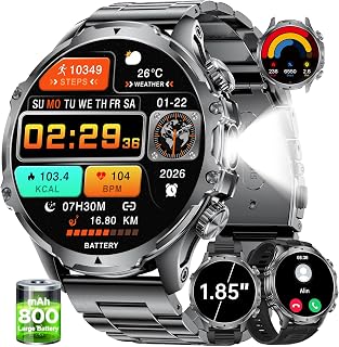 Military Smart Watch for Men (Answer/Make Calls), 1.85" Smartwatch with 800mAh Battery, 100+Sport Modes Fitness Watch, Heart Rate/Sleep Monitoring, 5ATM Sports Watch for iOS Android(FV15 Black)