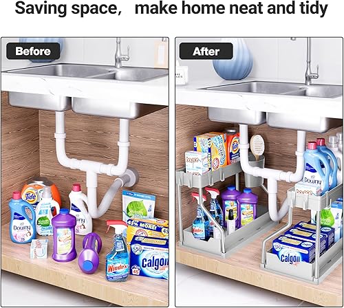 Miniatura 6 de Puricon Paquete de 2 organizadores para debajo del fregadero, 2 niveles en forma de L, organizadores deslizantes para debajo del fregadero,