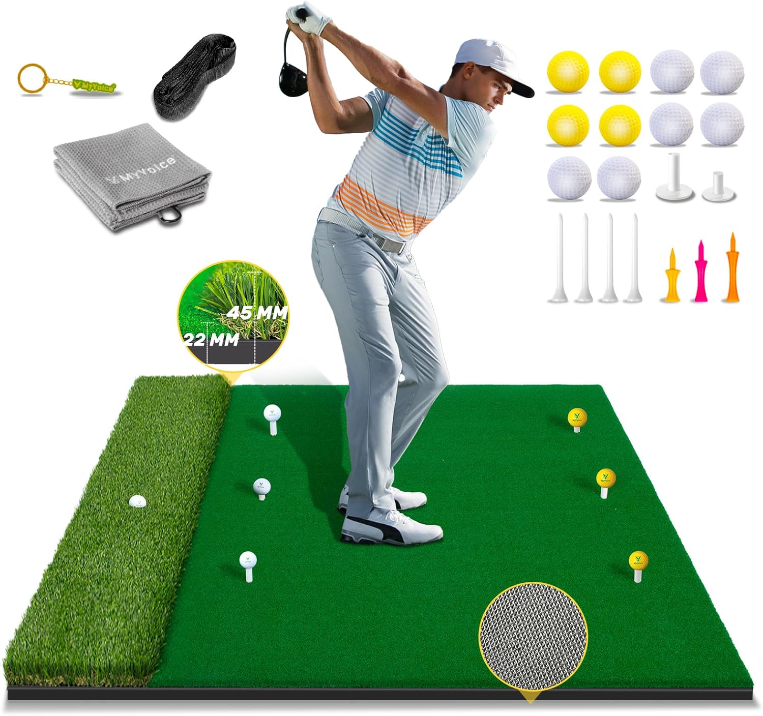 Upgrade Multi-Function Golf Hitting Mat – MyVoice 5x4ft Thickened Mat with Interchangeable Turf, Durable Non-Slip Base for Indoor & Outdoor Practice, Ideal for Golfers of All Levels