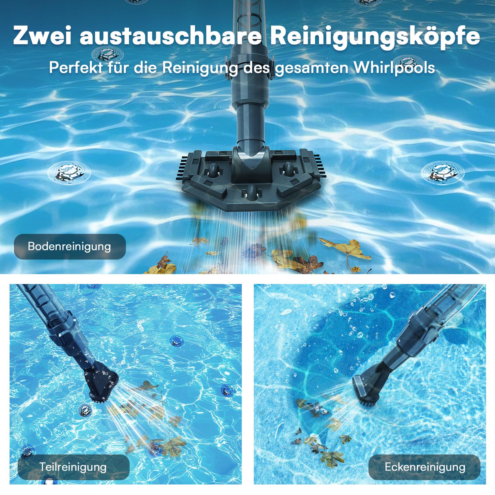 PoolMr Poolsauger Akku Handsauger Whirlpool Sauger Kabelloser Pool Sauger Handgerät |90 Min Laufzeit, 70 L/Min Saugkraft | Mit 2 Bürsten Für Aufstellpool & Unterflur-Schwimmbecken Gegen Sand & Schmutz