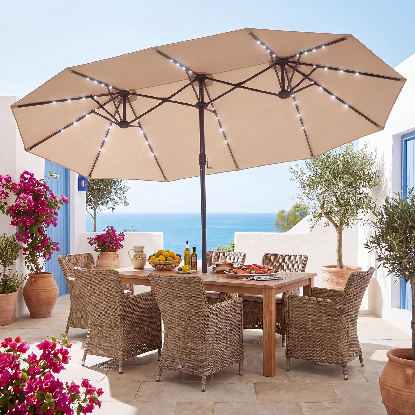 GOPLUS Parasol de Jardin Exterieur avec Pied, 4,7x2,8M Grand Parasol Double Face avec LED Solaires, Manivelle, 12 Baleines, Protection Solaire, pour Terrasse Patio Marché, Beige