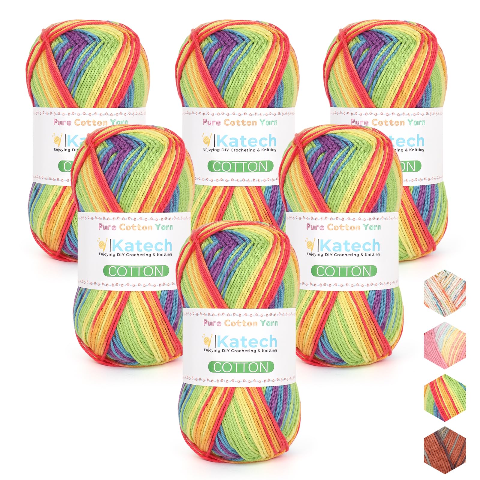 Katech 1OO% Ombre Cotton Yarn for Crocheting - 2 Sport Weight Baby Yarn for Knitting - 6 Pcs of 50g(1.76oz)/160m(175yd), Fine Soft Multicolor Yarns for Baby Blankets, Afghans, Shawls, Dress, Hats (C)