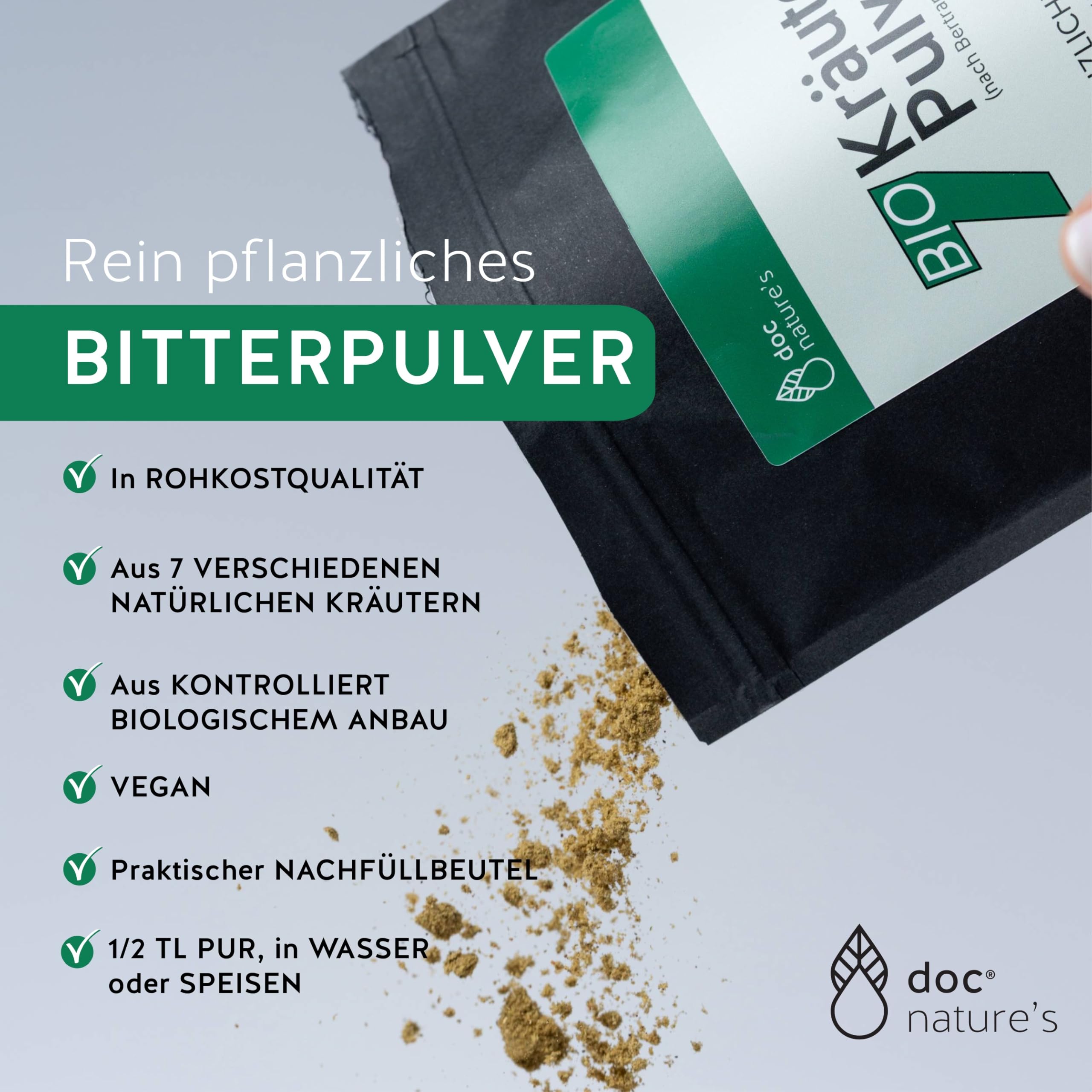 doc nature's Bio-7-Kräuterpulver 150g Nachfüllbeutel | nach Bertrand Heidelberger | Pflanzliche Bitterstoffe in Rohkostqualität | vegan | doc phytolabor | früher Gesund & Leben | nach Bertrand Heidelberger, Pflanzliche Bitterstoffe, Rohkostqualität, vegan