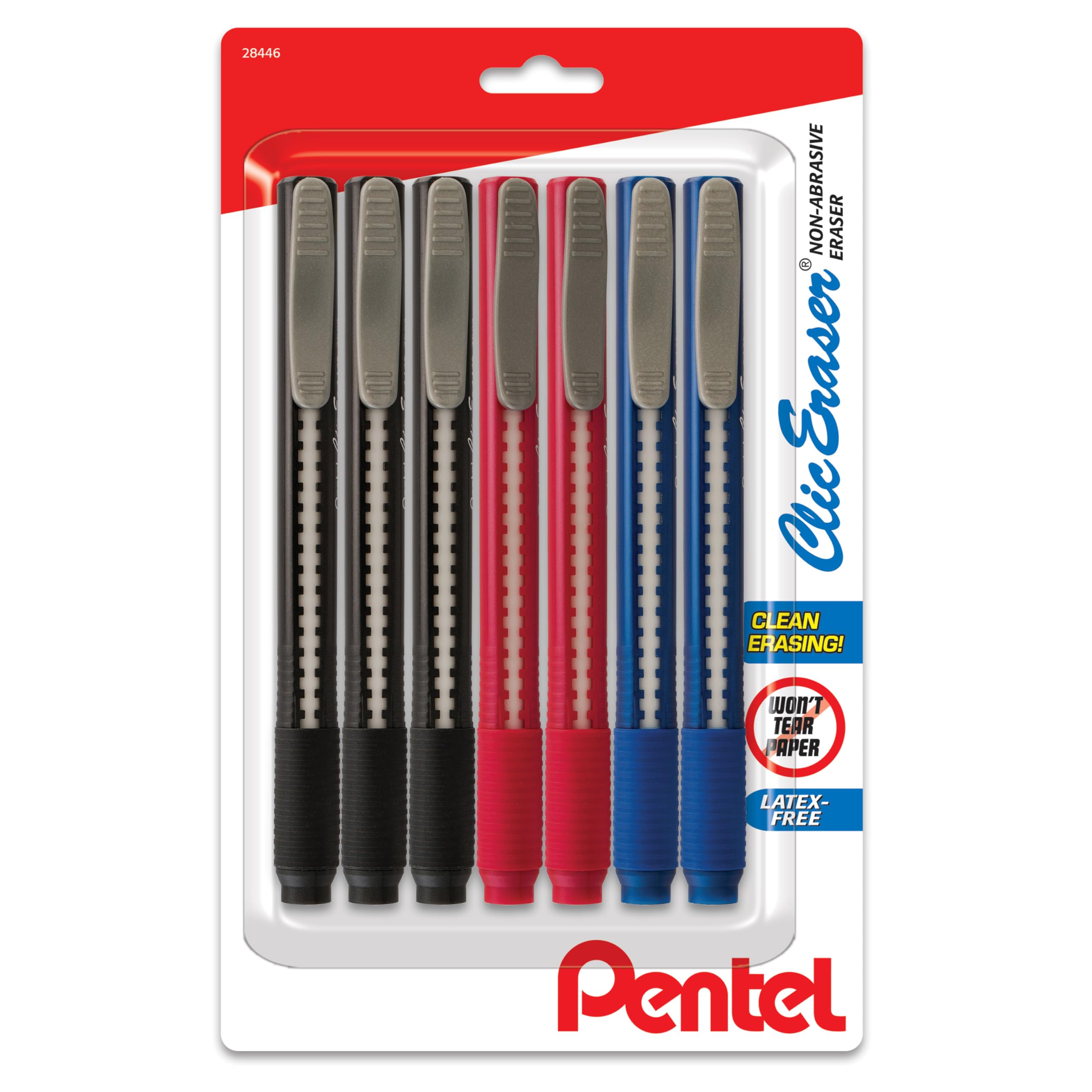 Pentel Clic Eraser Grip Retractable Eraser with Grip Office Barrel Colors (Black, Red, Blue) 7 Pack