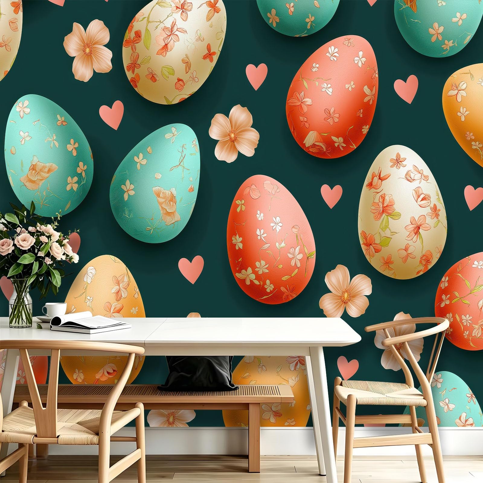 Papel pintado fotográfico simple festivo huevos de Pascua flores efecto 3D XXL 300 x 210 cm – Papel pintado no tejido verde – Mural Fotomurales Decoración de pared para tienda de regalos, restaurante