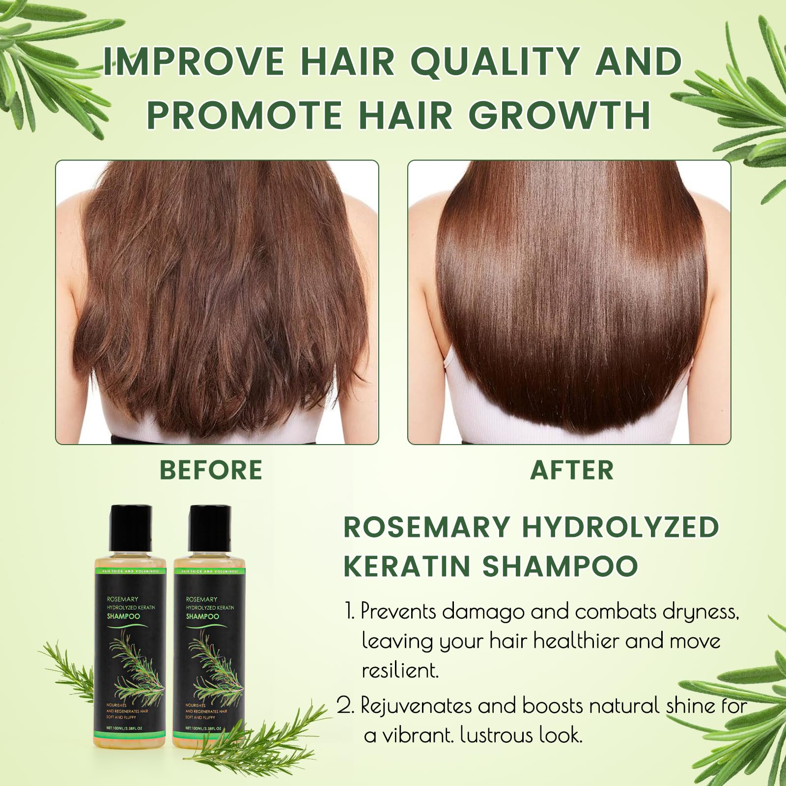 Shampoo au romarin pour la croissance des cheveux, shampooing organique au romarin Hair Growth Shampoo, épaississant naturel et fortifiant à la kératine hydrolysée contre la perte de cheveux fins et