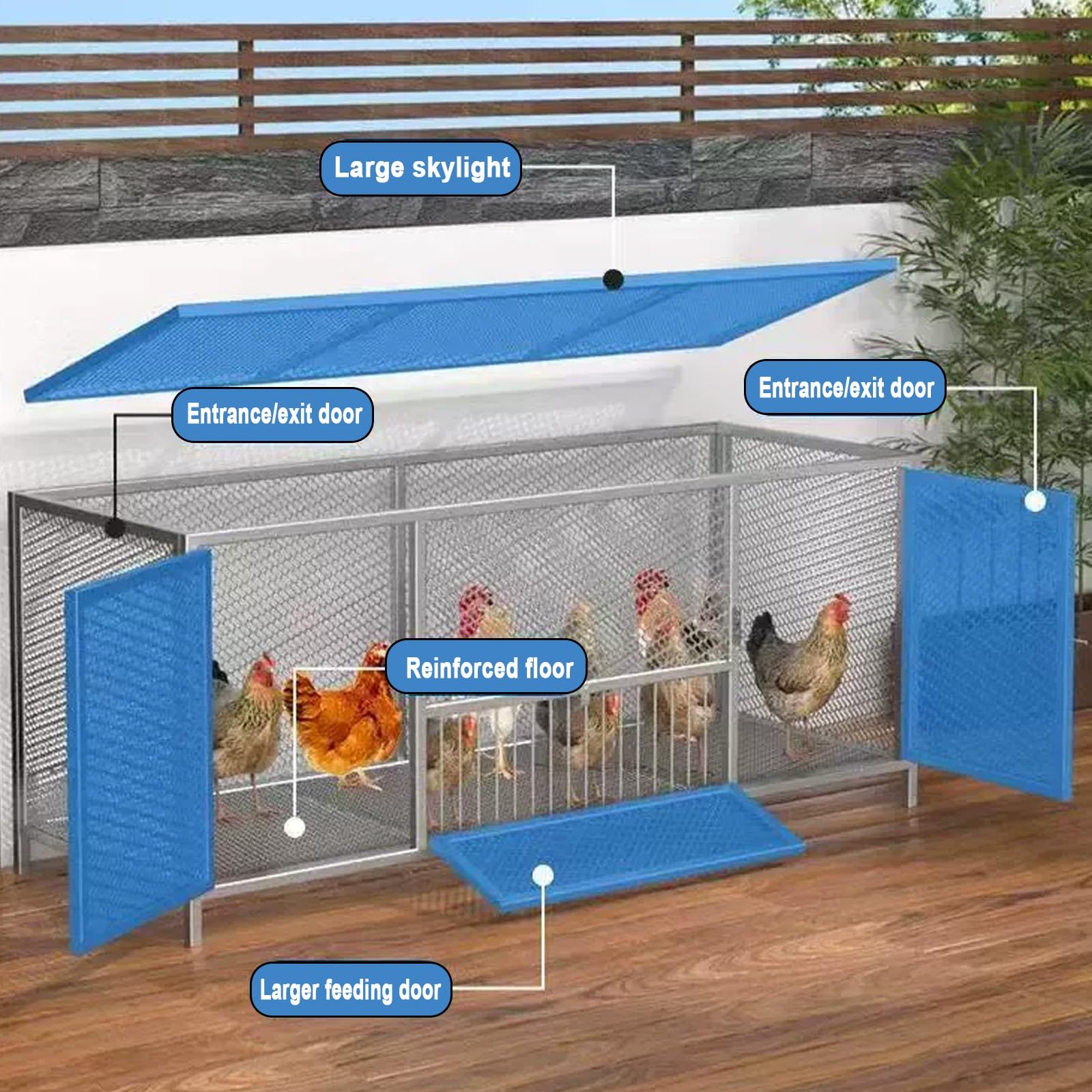 Pollaio in Ferro per Galline Design A Doppia Porta Lunghezza 100/147 Cm Recinto per Galline Da Esterno Serratura, per Polli, Anatre E Conigli(Silver,147 * 58 * 62CM)